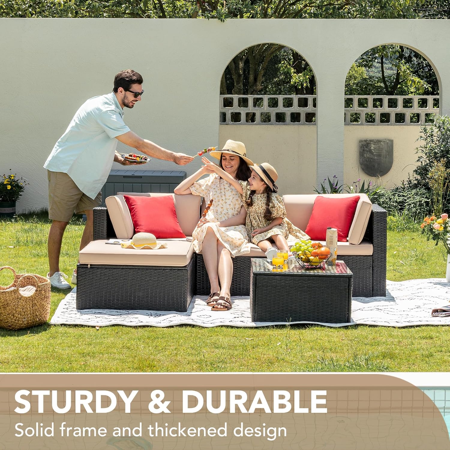 5-Piece All-Weather Patio Furniture Set with Cushions, Outdoor Wicker Conversation Sofa Set for Garden, Deck & Backyard - Image 12