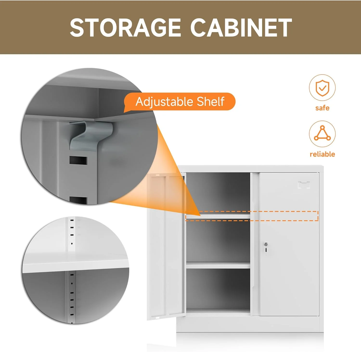 Metal Storage Cabinet, Garage Storage Cabinet with Doors and 2 Adjustable Shelves, 36" White Metal Cabinet, Locking Cabinet for Home,Garage,Office,School - Image 6