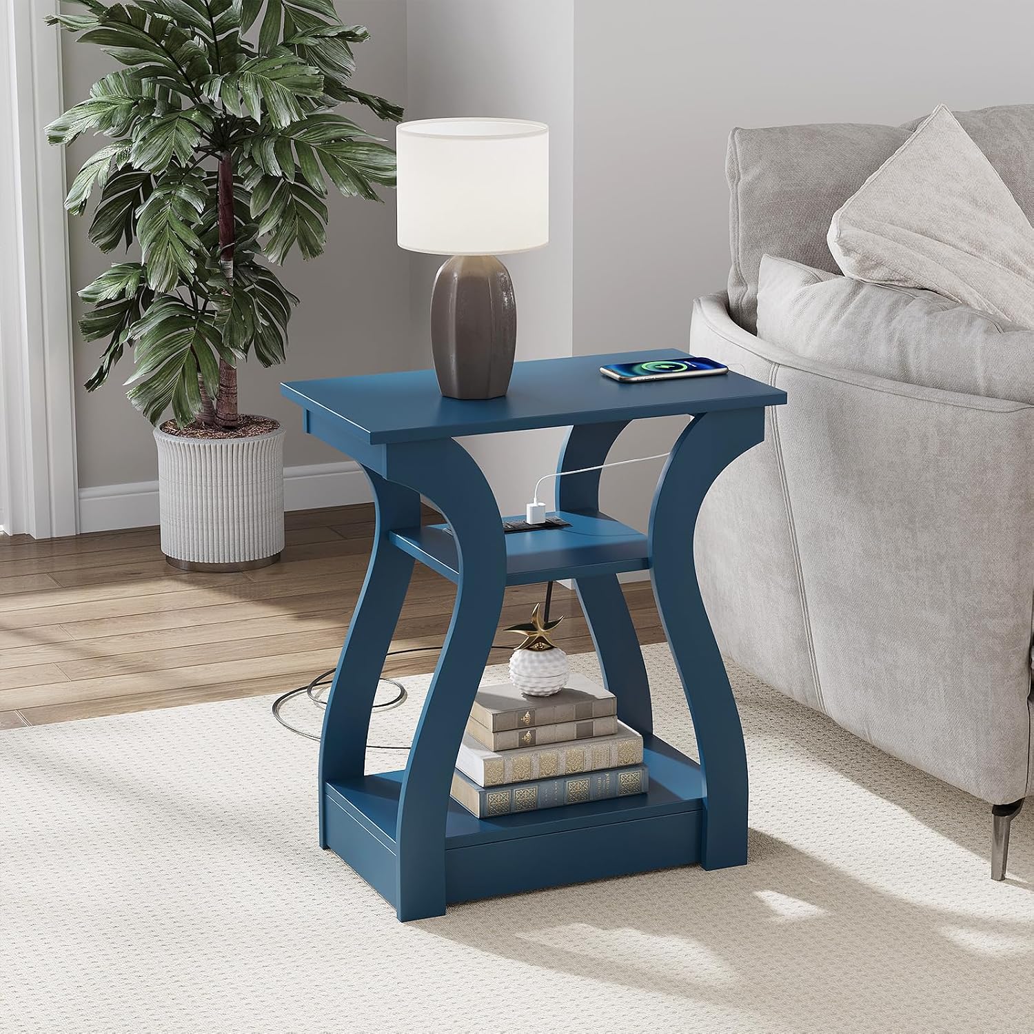 End Tables Living Room Set of 2 with Charging Station, Grey - Image 4