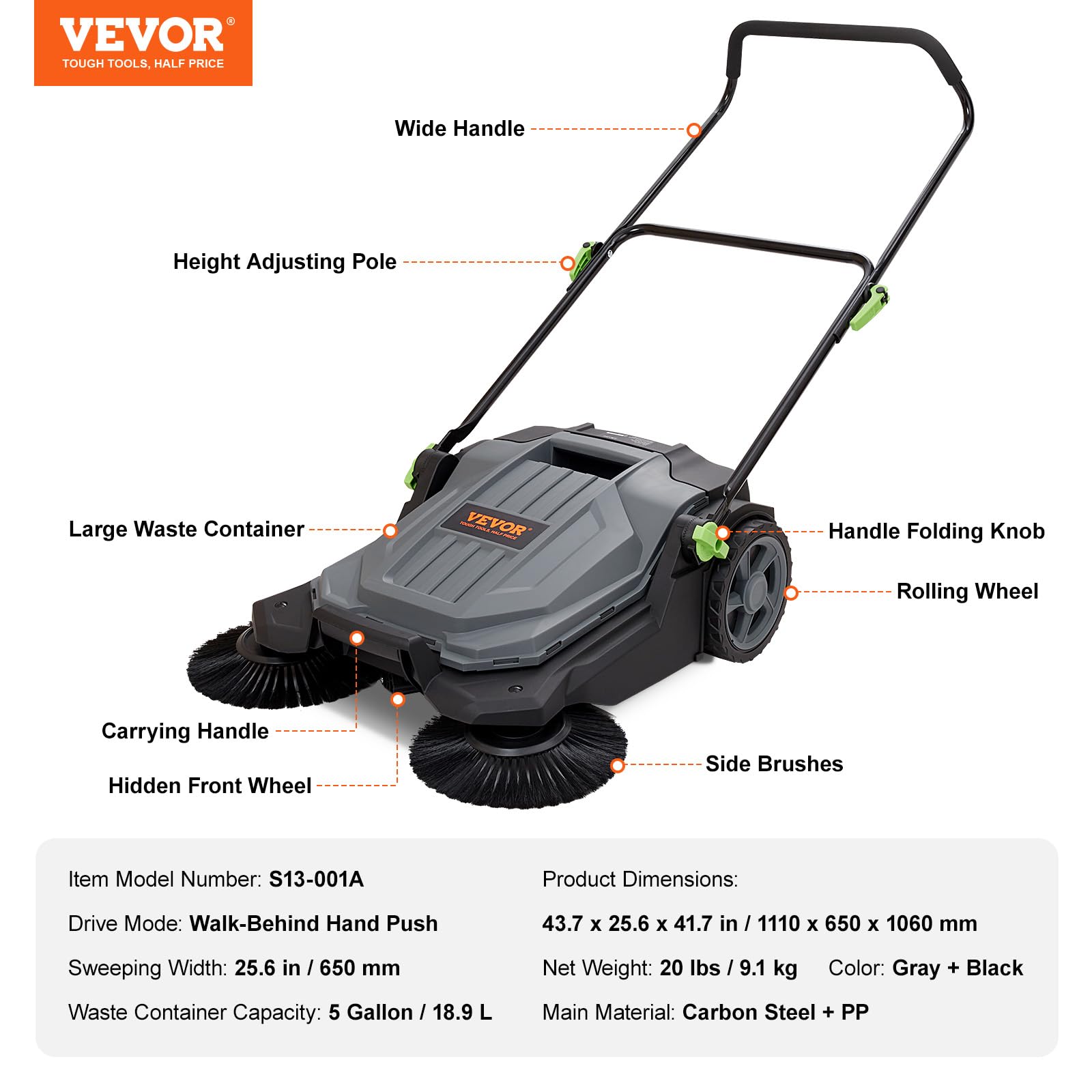 Walk-Behind Hand Push Floor Sweeper, 5-Gallon Waste Container, Manual Outdoor Sweeping Machine - Image 8