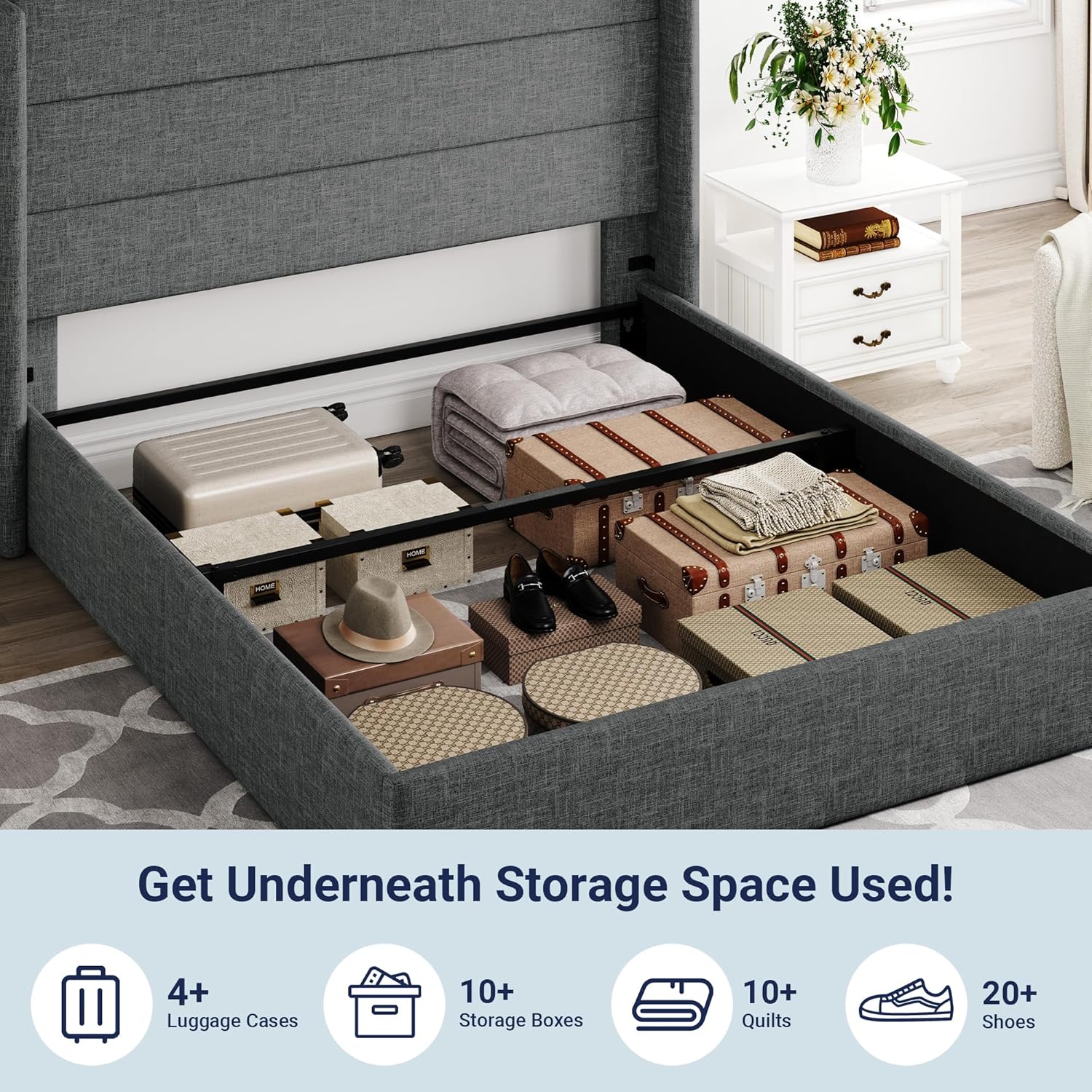 Queen Size Lift Up Storage Bed with Wingback Headboard, Upholstered Platform Bed Frame with Hidden Storage - Image 155