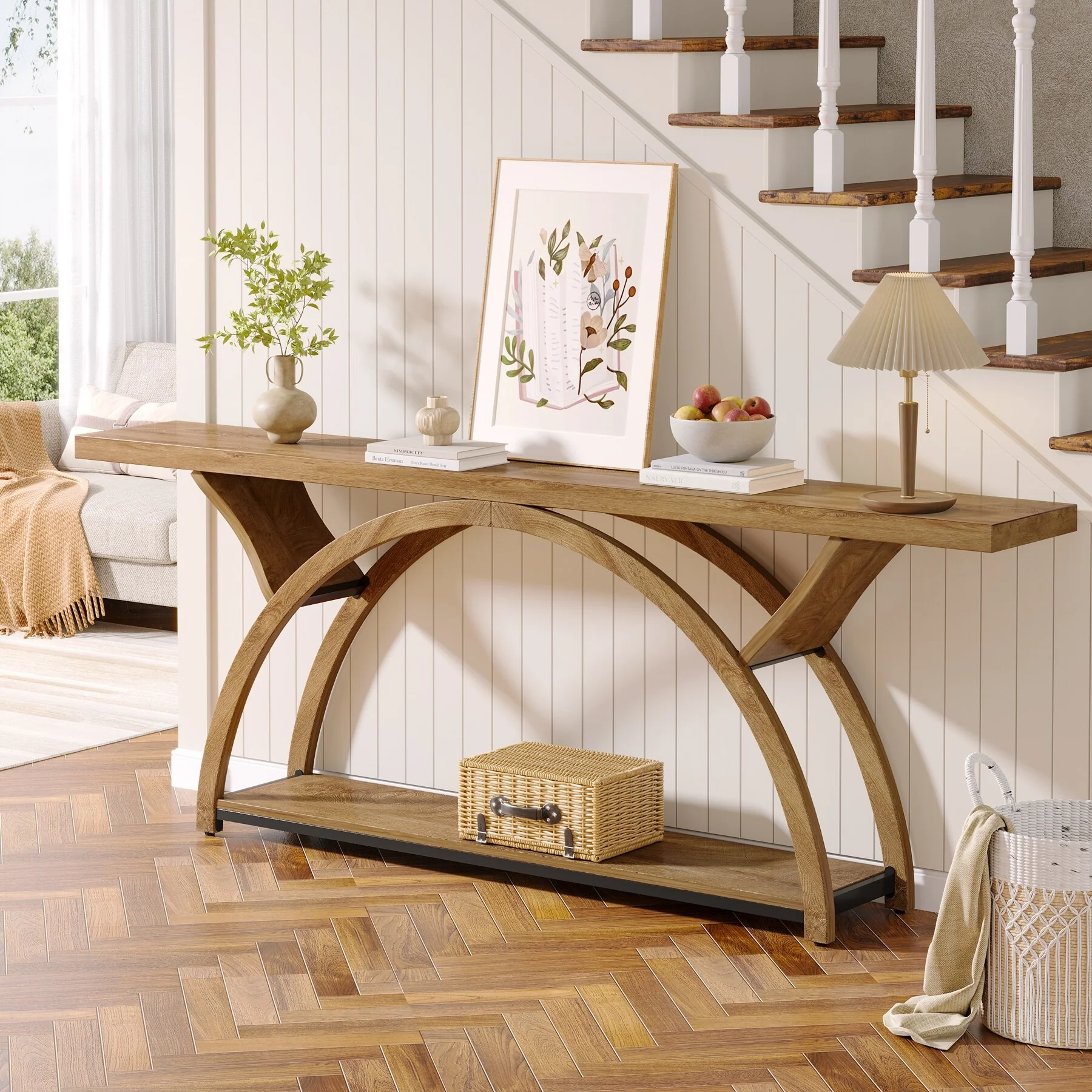 Gray 2-Tier Slim Console Sofa Table, Semi-Circular Metal Frame for Hallway - Image 7