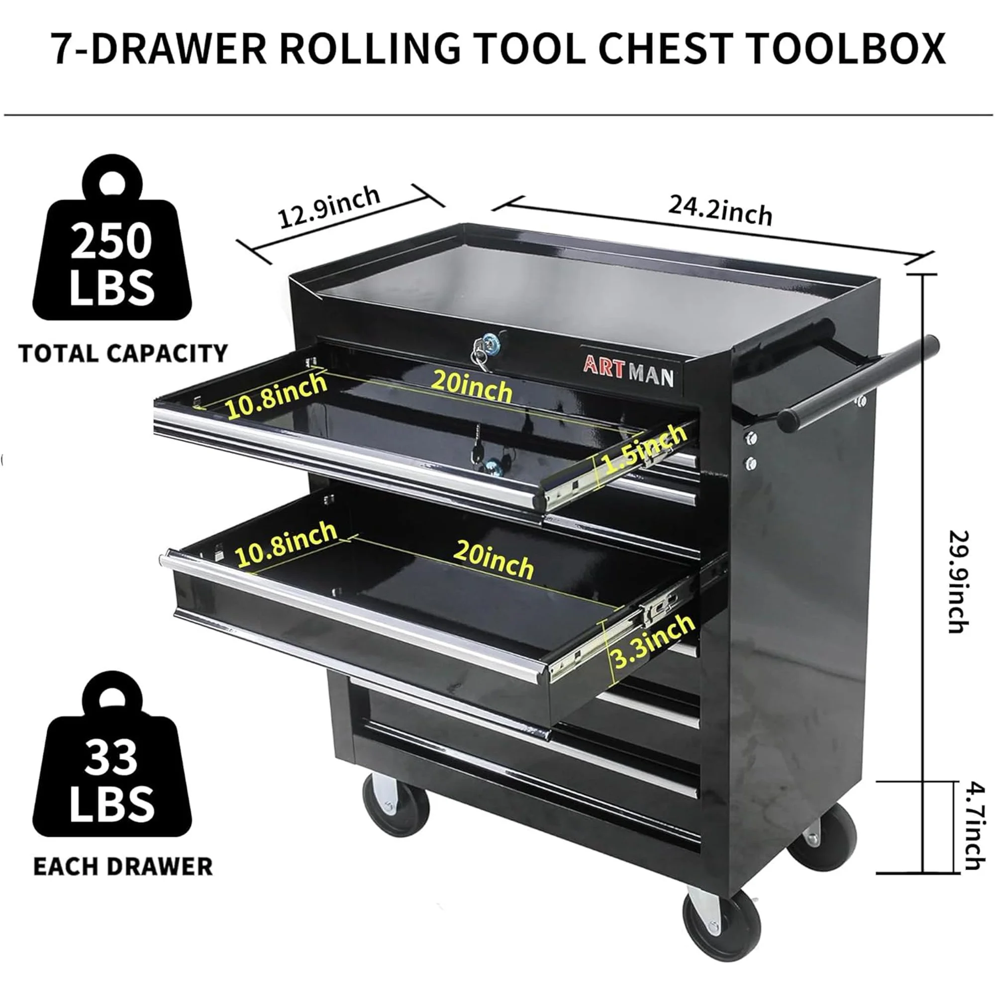 POVANLI 7-Drawer Rolling Tool Chest with Wheels Multifunctional Tool Chest Portable Tool Storage Cabinet with Locking System for Garage Workshop Warehouse Repair Shop - Image 12