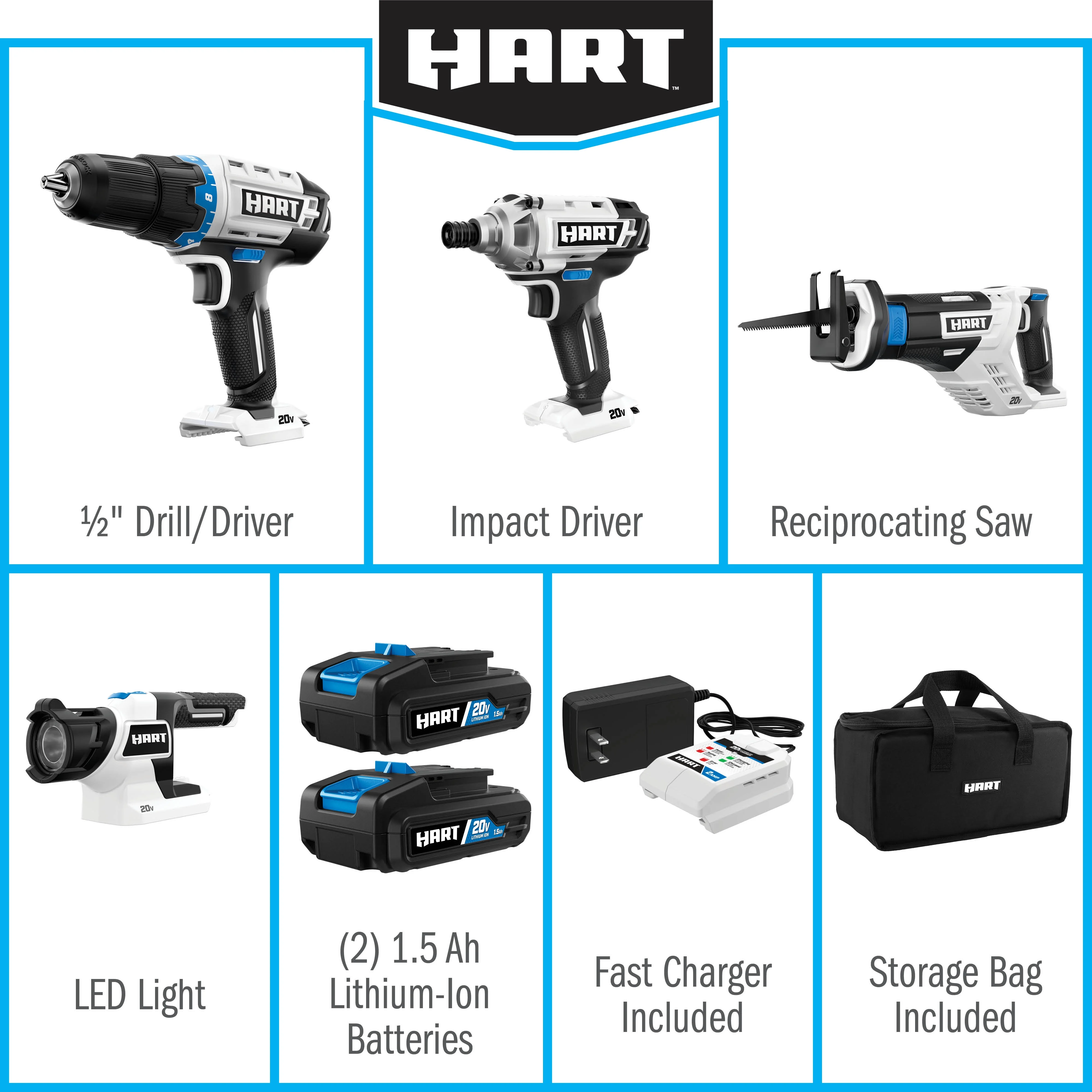 HART 20 Volts 4-Tool Battery-Powered Combo Kit, (2) 1.5Ah Lithium-Ion Batteries - Image 11