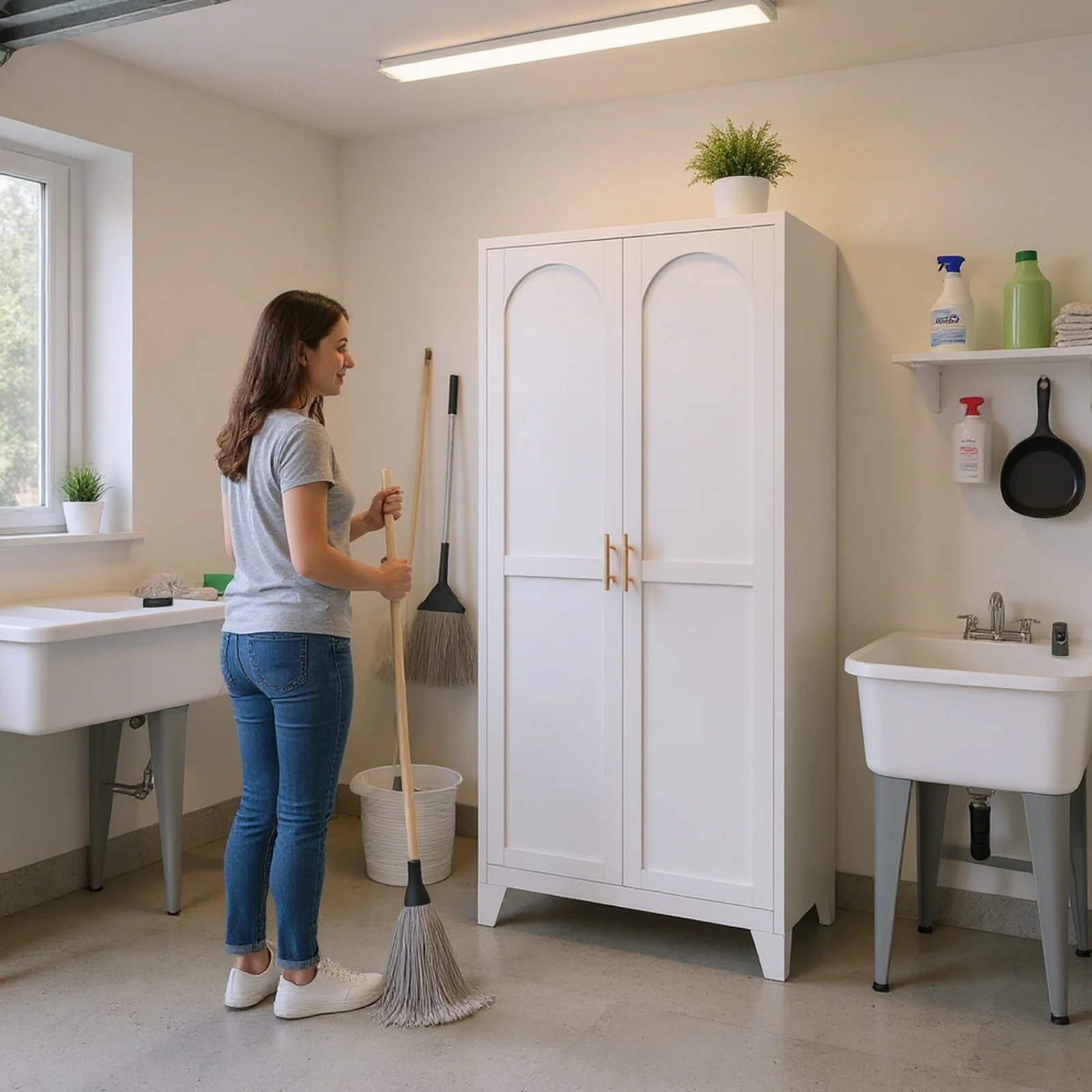 Homy Casa Garage Storage Cabinet with 2 Doors, Adjustable Shelves, Heavy Duty Organizer, White - Image 4