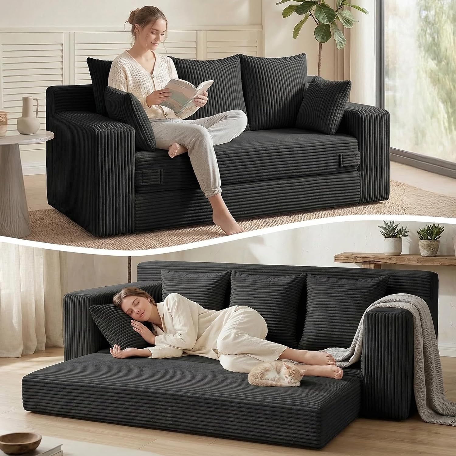 Convertible Sofa Bed, Loveseat Folding Floor Futon Sleeper Sofa Couch Bed- Boneless Foldable Couch, Corduroy Pull Out Sofa Bed with 2 Pillows for Living Room & Bedroom - Image 5