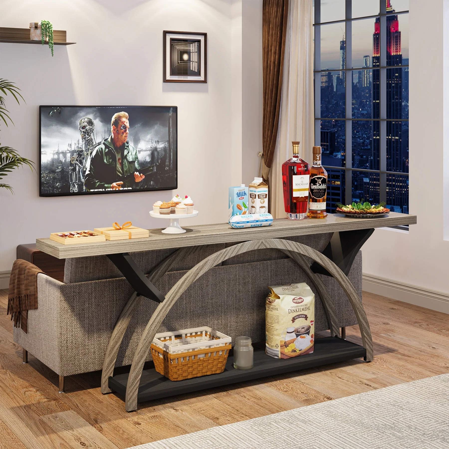 Gray 2-Tier Slim Console Sofa Table, Semi-Circular Metal Frame for Hallway - Image 13