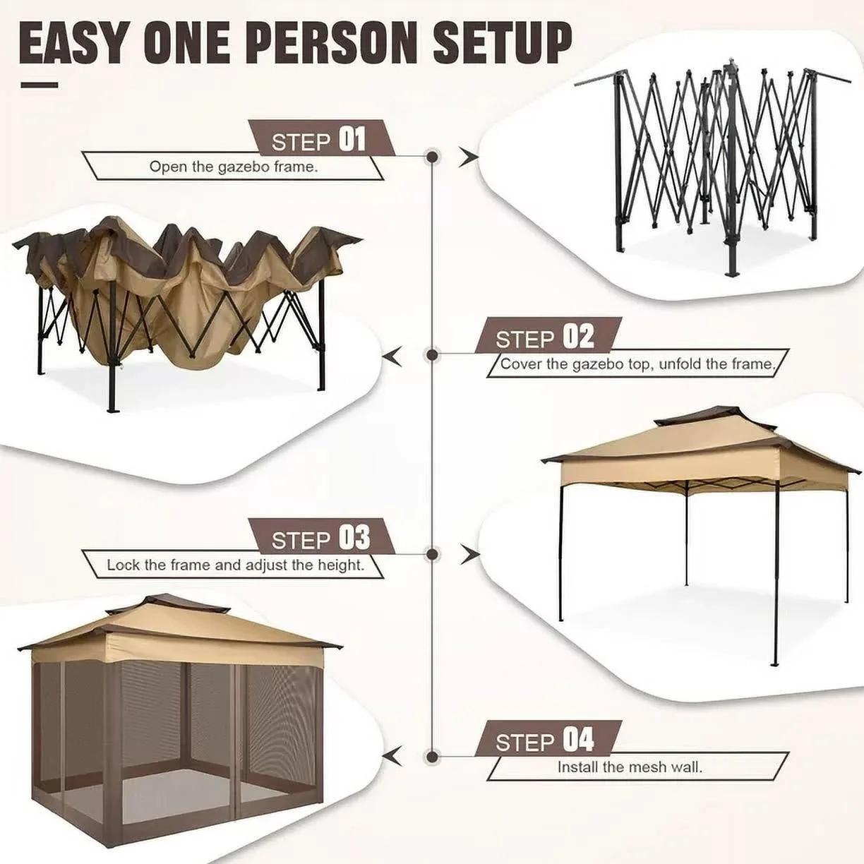 COBIZI 11x11 Pop up Gazebo Outdoor Canopy Gazebo Patio Gazebo with Mosquito Netting Canopy Shelter with 121 Square feet of Shade for Poolside, Garden, Party and Backyard, Khaki - Image 35