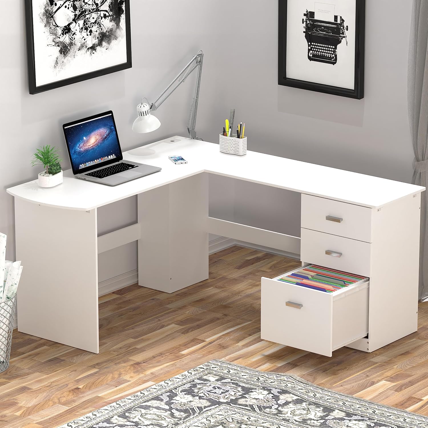 L-Shaped Home Office Wood Corner Desk w/ Box File Drawers, Black