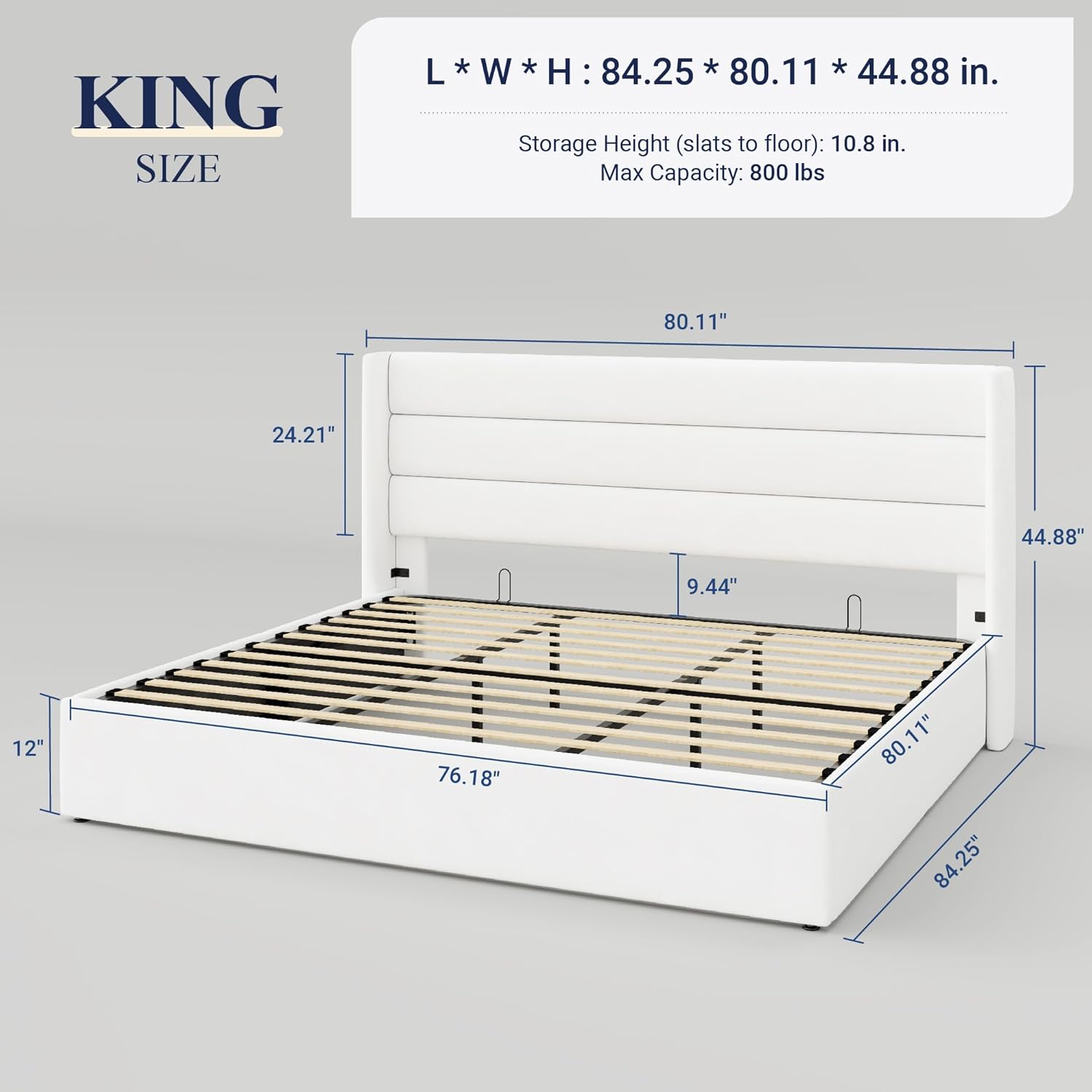 Queen Size Lift Up Storage Bed with Wingback Headboard, Upholstered Platform Bed Frame with Hidden Storage - Image 60