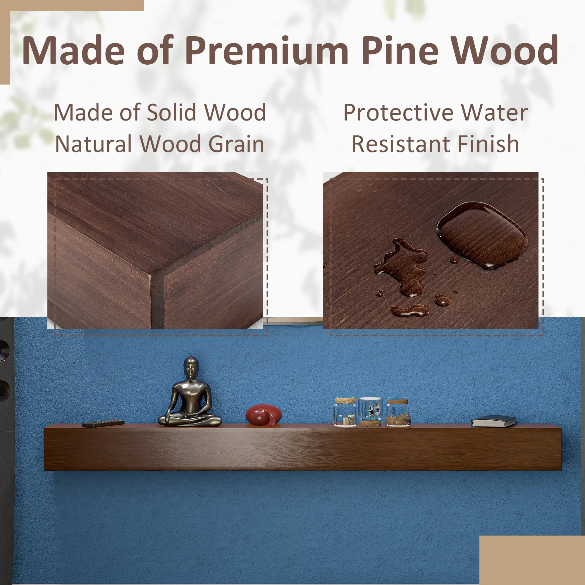 72 Inch Solid Pine Fireplace Mantel, Wall Mounted Floating Shelf in Brown - Image 10