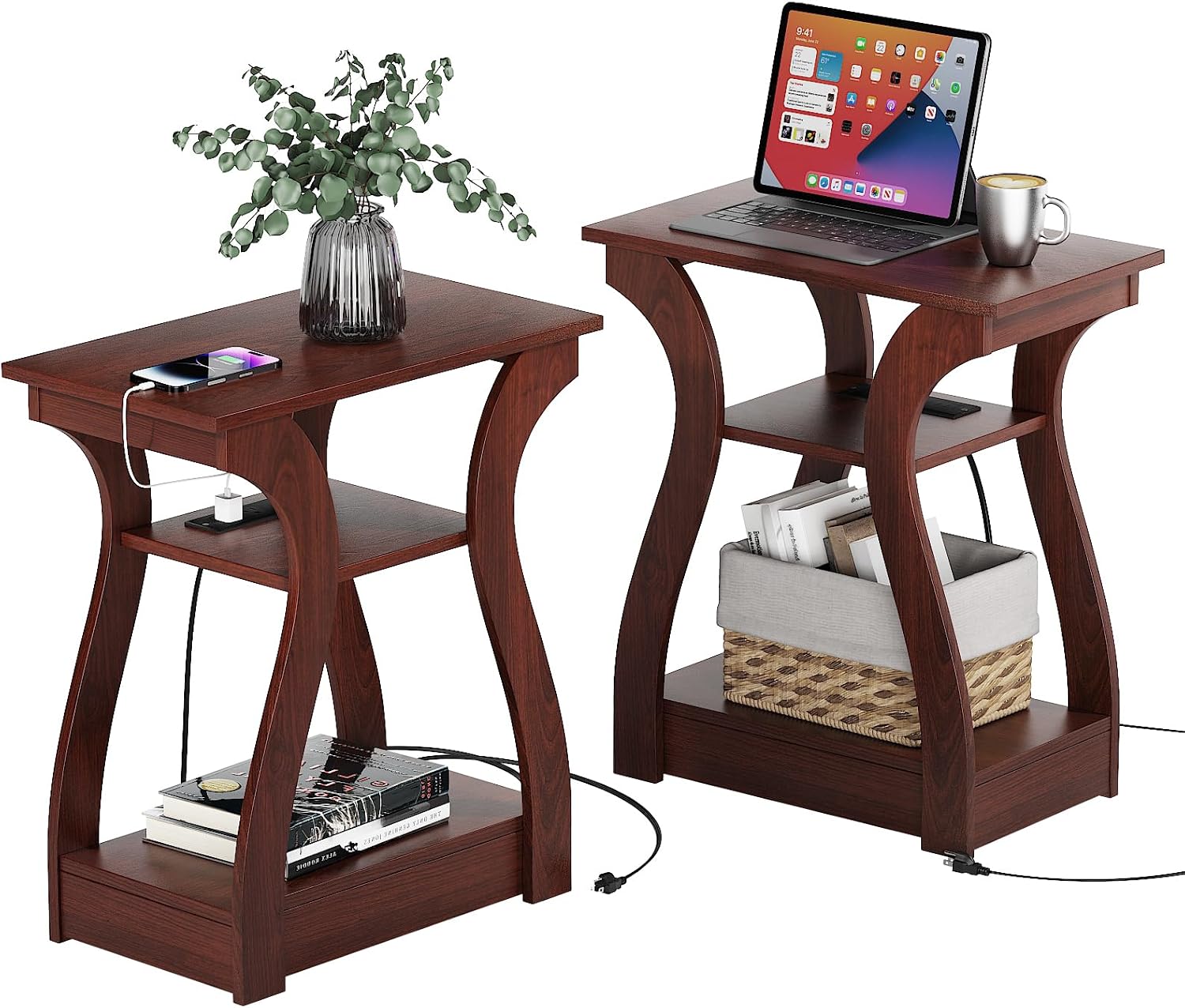 End Tables Living Room Set of 2 with Charging Station, Grey - Image 7