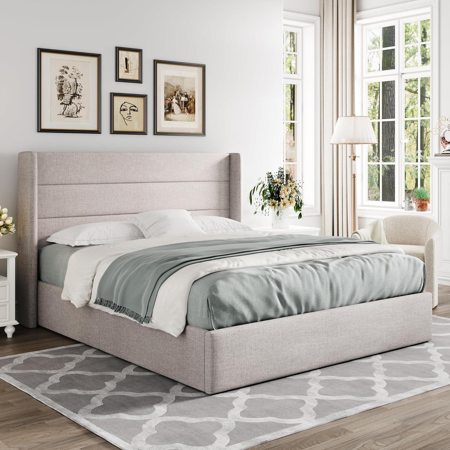 Queen Size Lift Up Storage Bed with Wingback Headboard, Upholstered Platform Bed Frame with Hidden Storage - Image 55