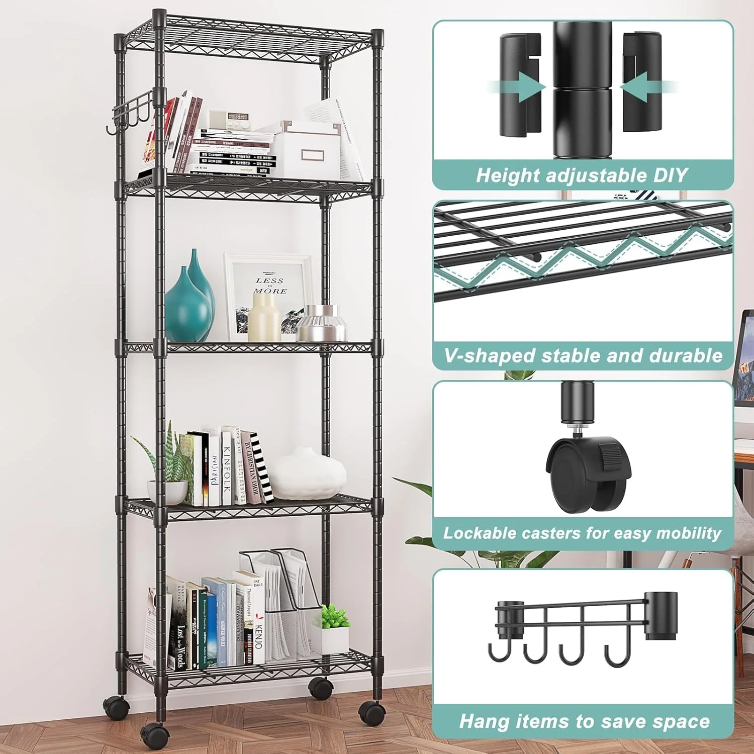 5-Tier Storage Shelf Wire Shelving Unit on Wheels, Adjustable Heavy Duty Metal Shelves with Side Hooks, Steel Rack Organization for Kitchen Garage Basement, Silver - Image 15