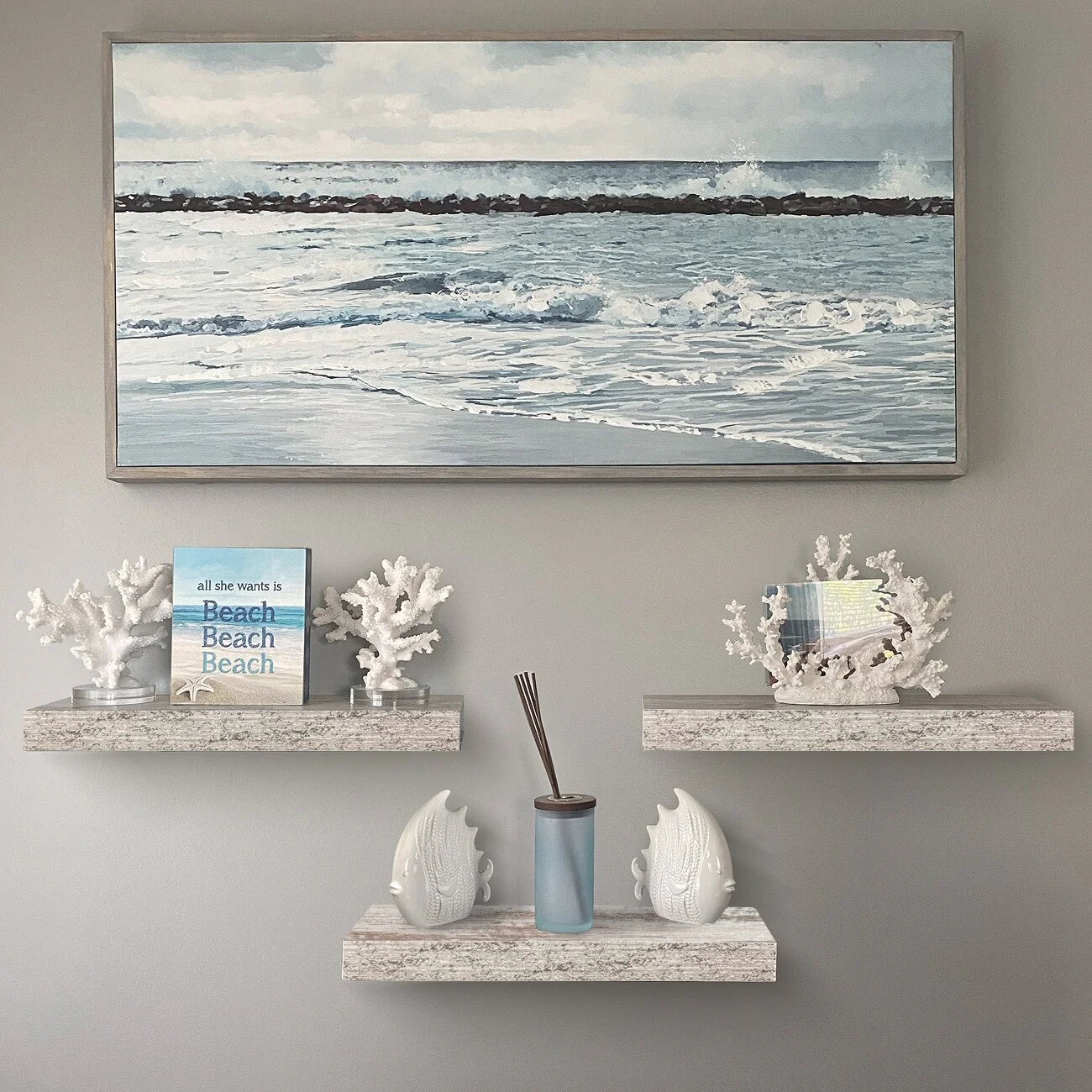 3-Pack Rustic Wood Floating Wall Shelves, Beach Style Hanging Display and Storage Shelves - Image 10