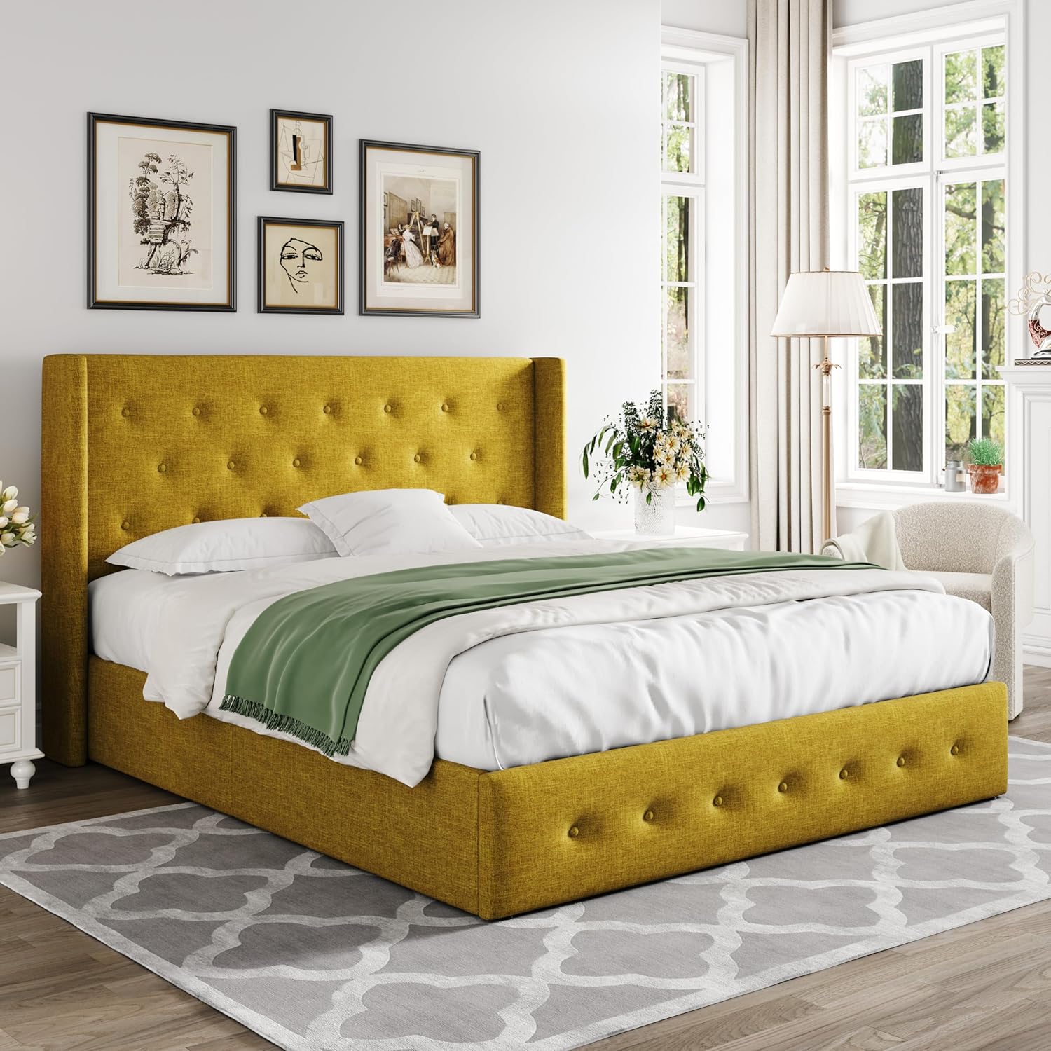 Queen Size Lift Up Storage Bed with Wingback Headboard, Upholstered Platform Bed Frame with Hidden Storage - Image 91
