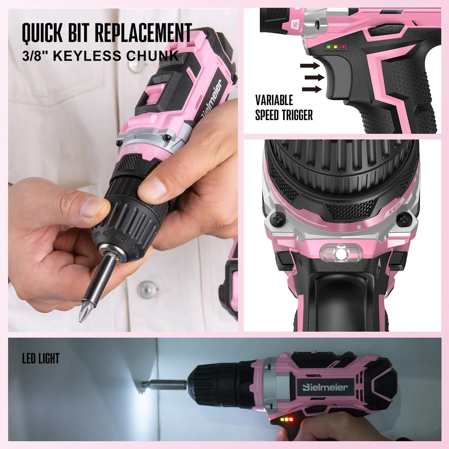 20V 236Pcs Cordless Pink Drill Set - Essential Women's Pink Tool Set, Lady's Basic Home Tool Kit with Pink Tool Bag - All in One Pink Tool Kit Ideal for DIY, Home Improvement - Image 4