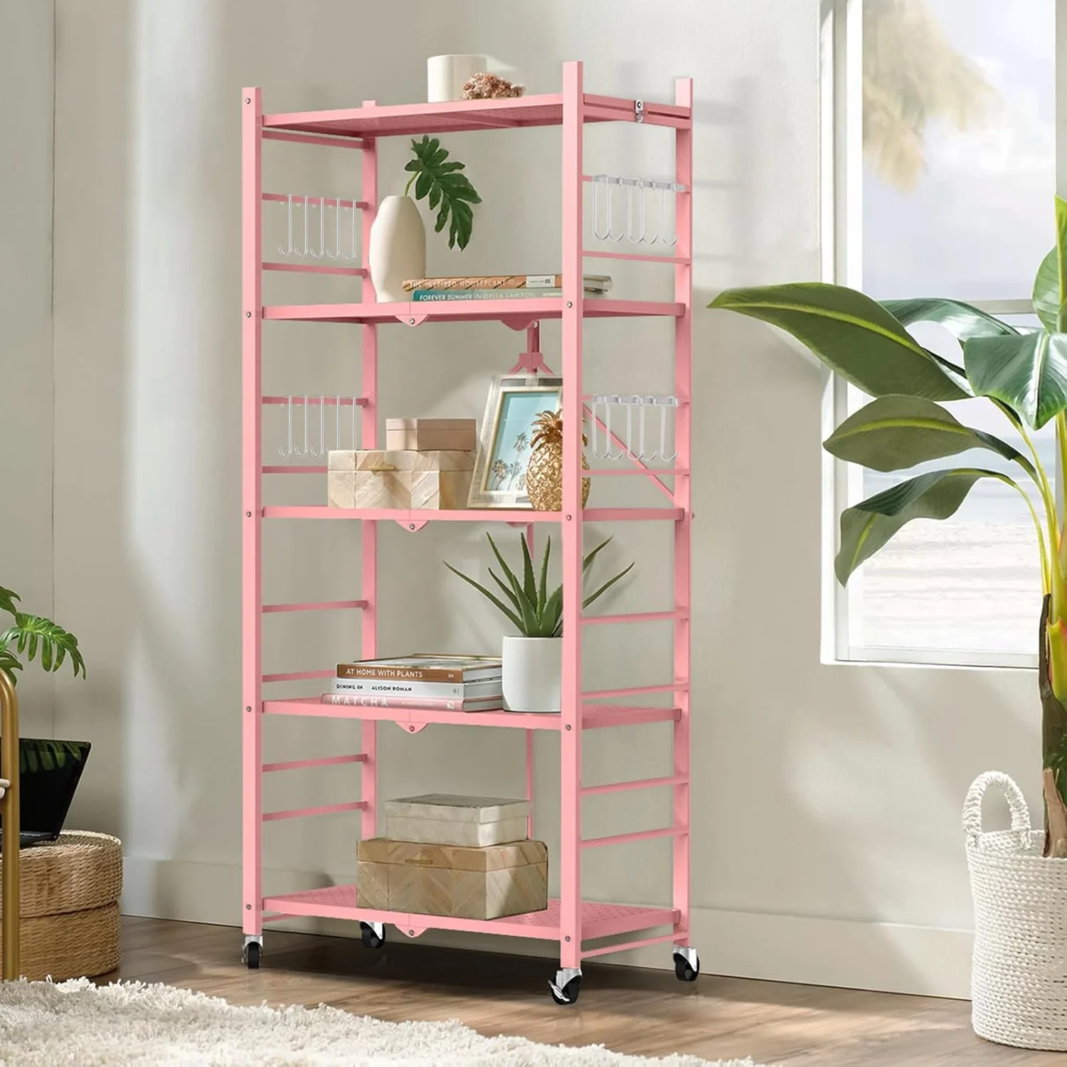 Storage Shelves with 20 Hooks, 4-Tier Foldable Shelves for Storage, Folding Shelf Unit Pantry Shelves with Wheels, Metal Shelving Storage Rack Shelf for Kitchen Garage Home, Black - No Assembly - Image 33