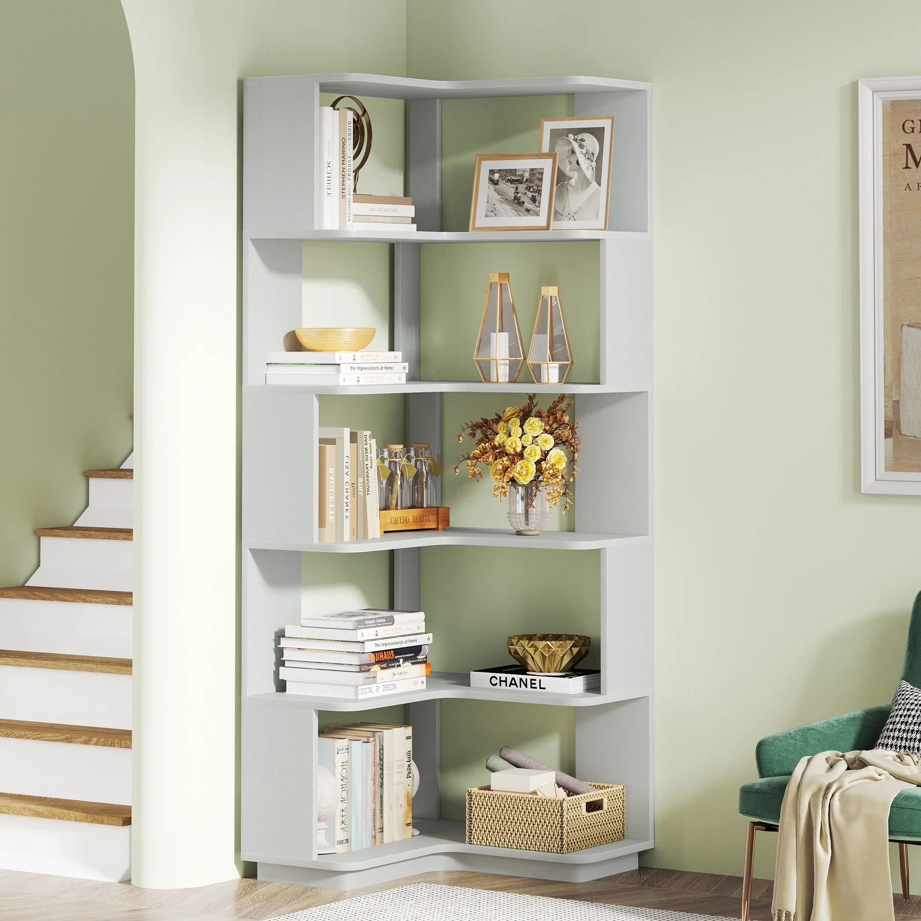 64.9 Inch Tall 6-Tier Corner Bookshelf, Freestanding Wood Industrial Bookcase - Image 30