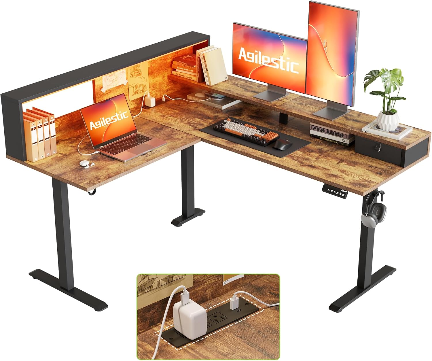 63 Inch L Shaped Electric Standing Desk with Led, Black