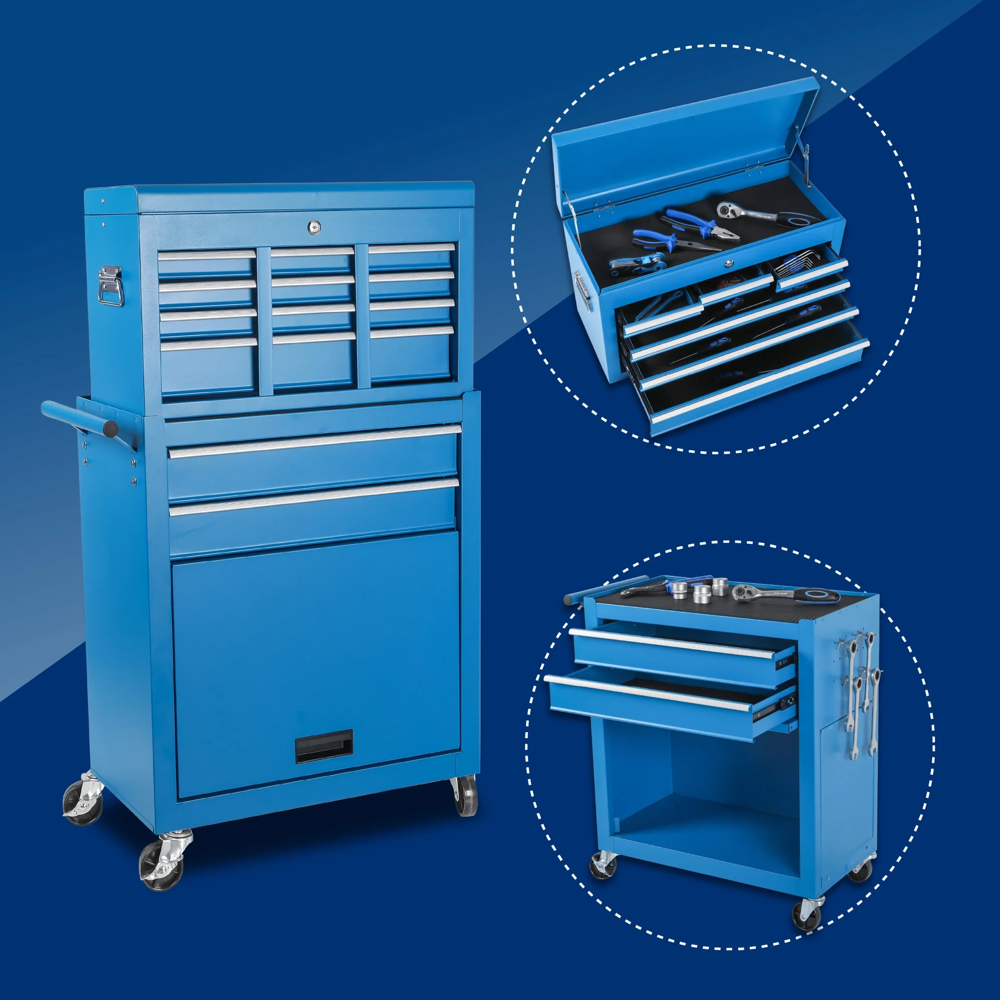 Tool Chest, 8-Drawer Rolling Tool Storage Cabinet with Lockable Wheels, Rolling Tool Chest with 2 in 1 Detachable Top Tool Box, and Locking Mechanism, Metal Tool Cart for Garage, Workshop, Blue - Image 6