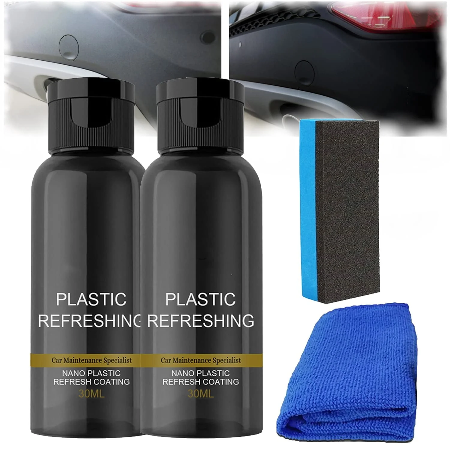 Car Cleaning Kit Plastic Revitalizing Coating Agent, Nano Plastic Refreshing Coating, Plastic Parts Refurbish Agent for Car - Car Care Tools with Sponge and Towel (30ml*2pcs)