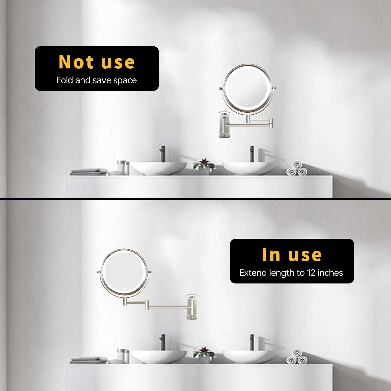 8 Inch Round Wall Mounted Makeup Mirror, Rechargeable, 1X/10X Magnification, 3-Color LED Lights - Image 9