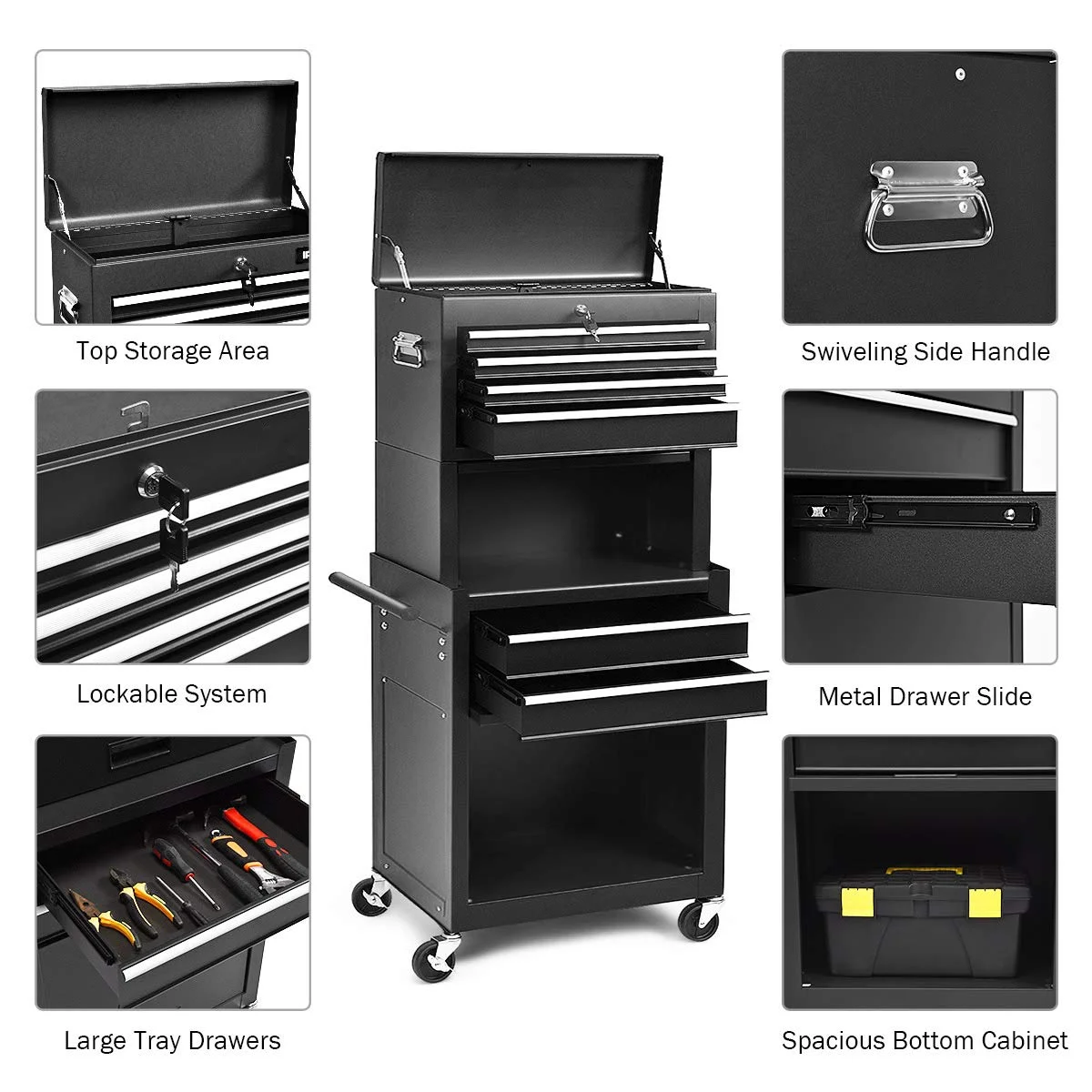 NIGSQJB 3-In-1 Tool Chest on Wheels with 6 Drawers, 52"H Tool Storage Cabinet with Auto Locking System,Detachable Top,Tool Box Organizer for Garage,Workshop,Repair Shop,DIY, Red - Image 15