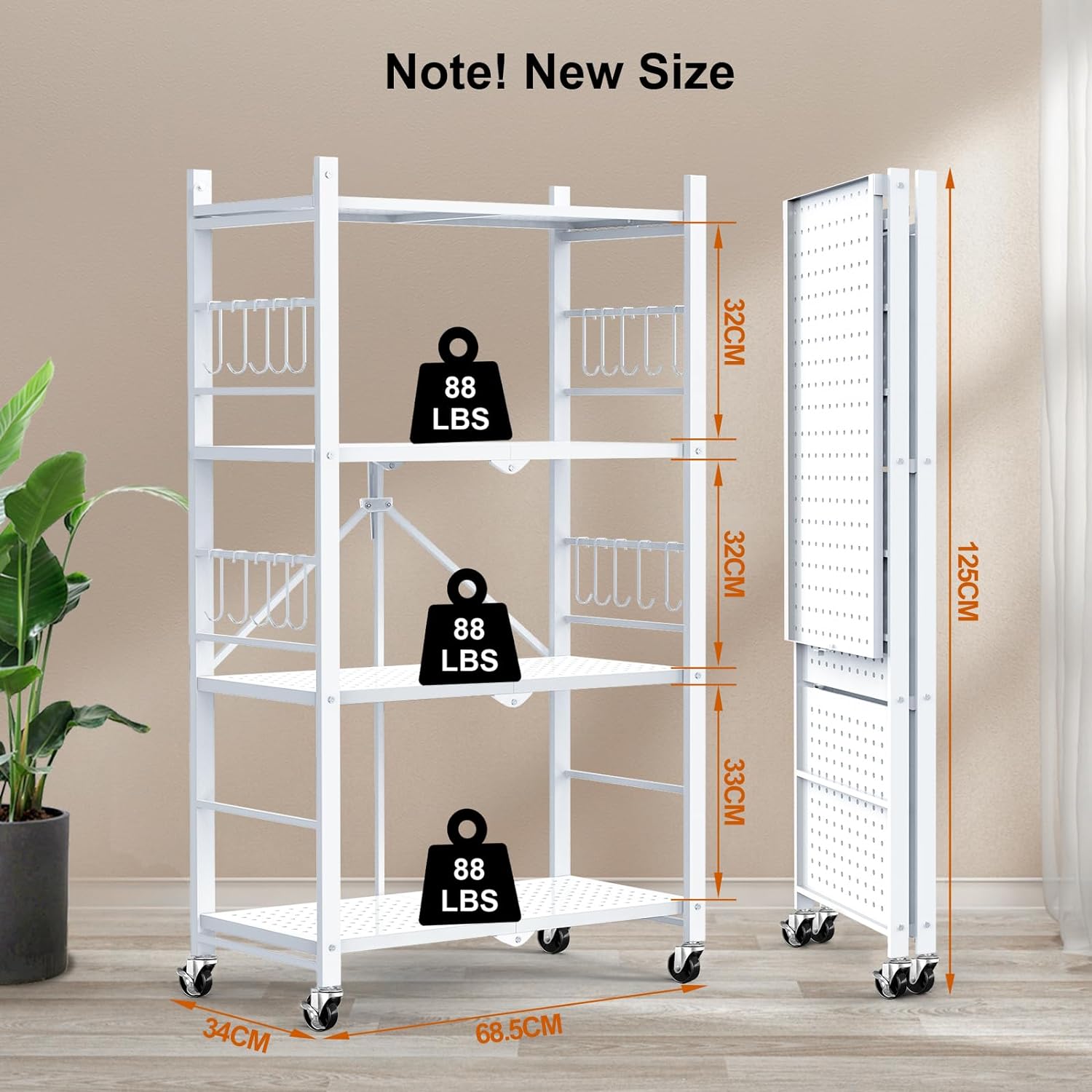 Storage Shelves with 20 Hooks, 4-Tier Foldable Shelves for Storage, Folding Shelf Unit Pantry Shelves with Wheels, Metal Shelving Storage Rack Shelf for Kitchen Garage Home, Black - No Assembly - Image 28