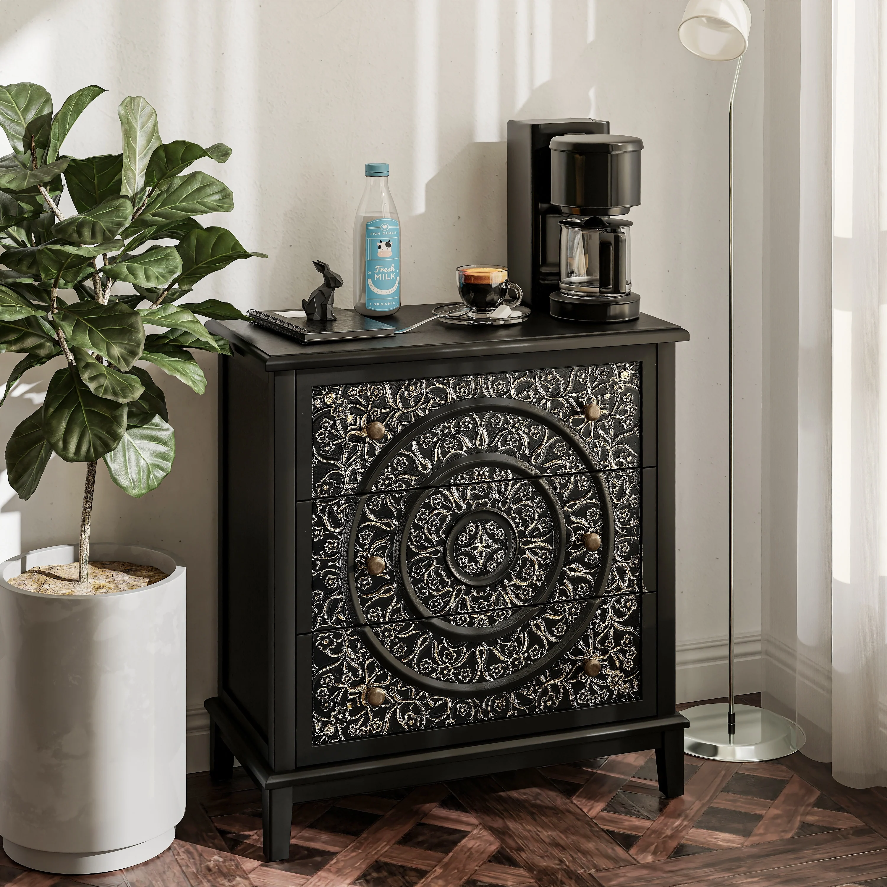 Farmhouse Fully Assembled Nightstand with 2 Drawers, Flower Motif End Table for Small Spaces - Image 25