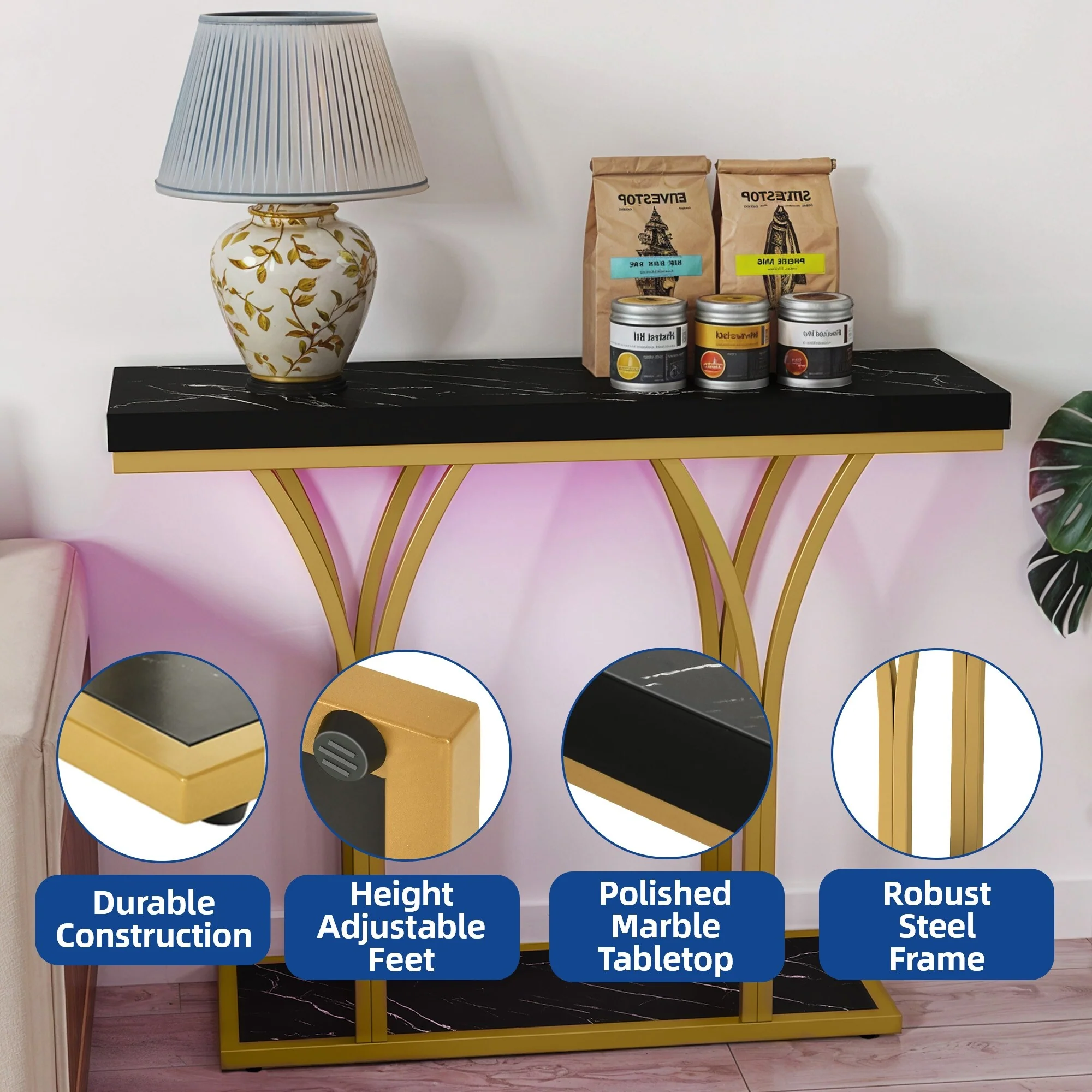 Modern Gold Console Table with Marbled Top, Sofa Table for Entryway and Hallway - Image 42
