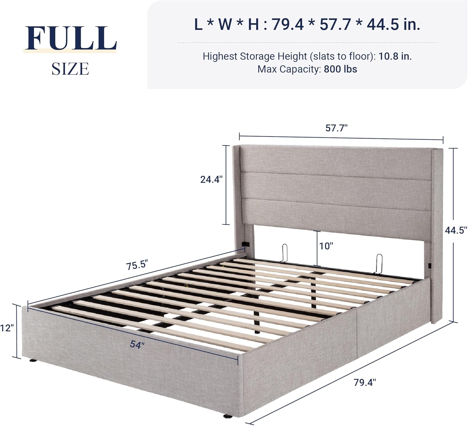 Queen Size Lift Up Storage Bed with Wingback Headboard, Upholstered Platform Bed Frame with Hidden Storage - Image 50