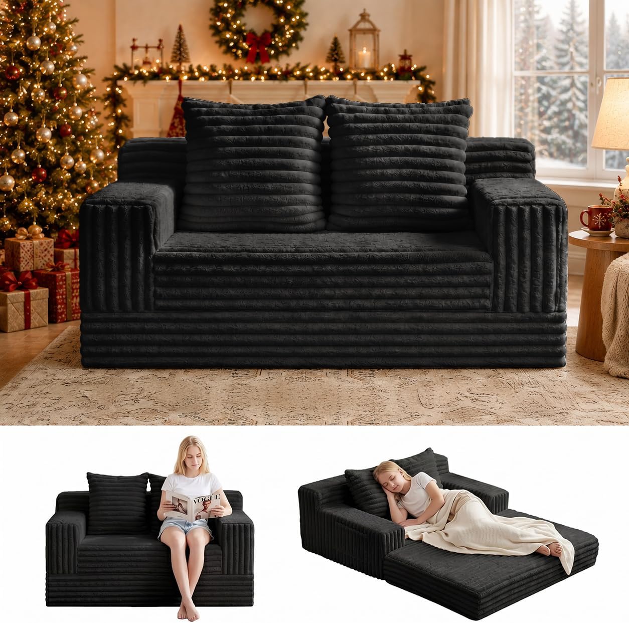 Convertible Sofa Bed, Loveseat Folding Floor Futon Sleeper Sofa Couch Bed- Boneless Foldable Couch, Corduroy Pull Out Sofa Bed with 2 Pillows for Living Room & Bedroom - Image 7