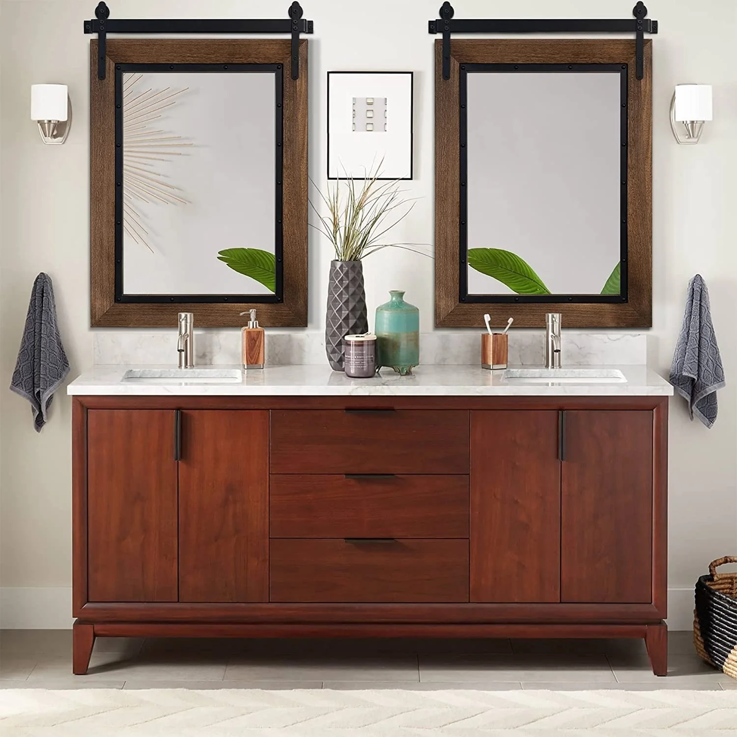 Farmhouse Barn Door Style Bathroom Vanity Mirror, Natural Wood Wall Mirror for Bathroom, Bedroom and Entryway - Image 10