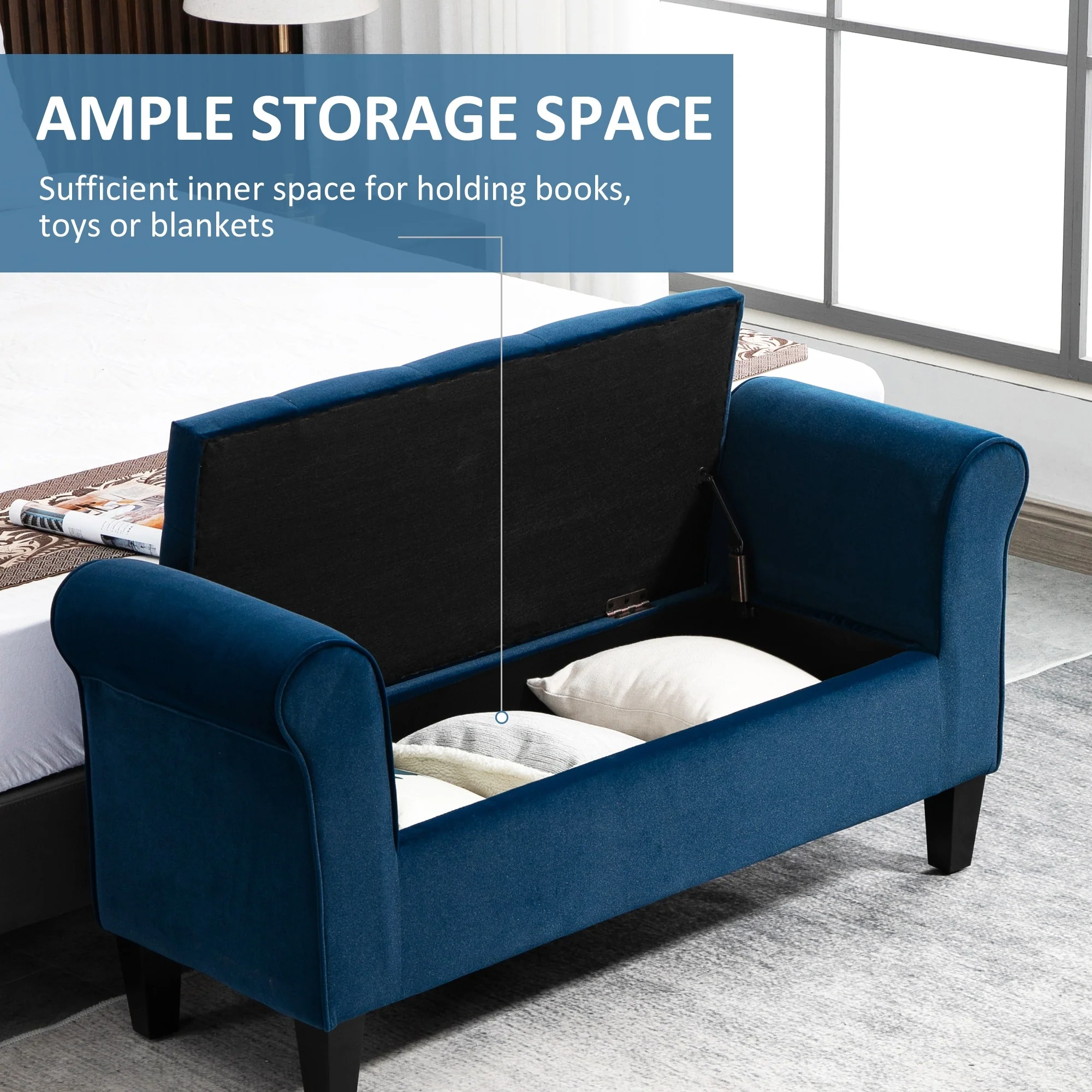 Button-Tufted Storage Ottoman Bench, Upholstered Bed Bench with Rolled Armrests for Bedroom, Living Room and Hallway - Image 23