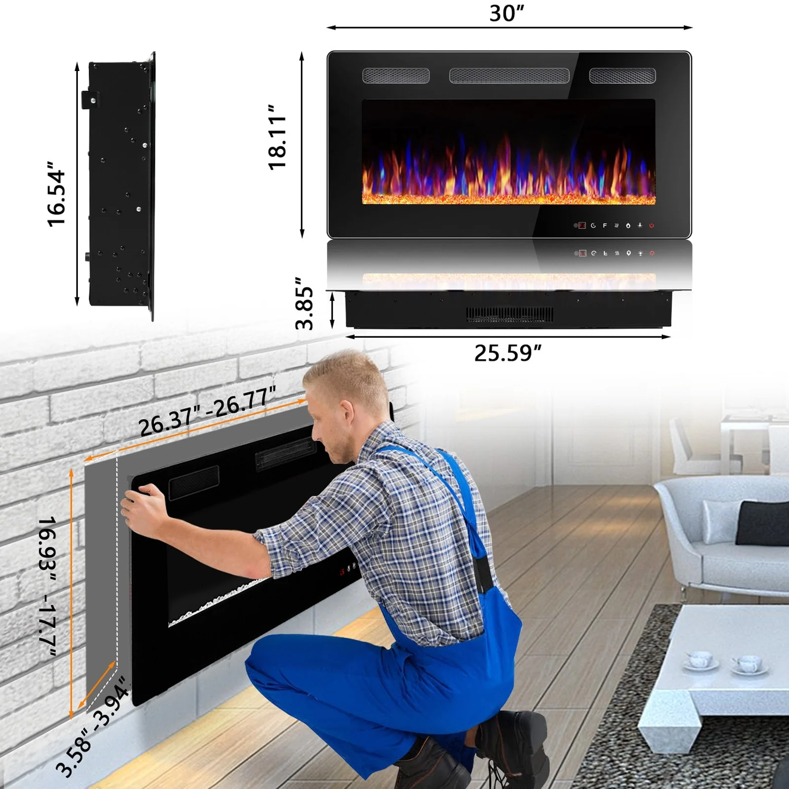 30-72 Inch Ultra-Thin Electric Fireplace, Linear Recessed Wall Mounted Fireplace with Remote Control - Image 6