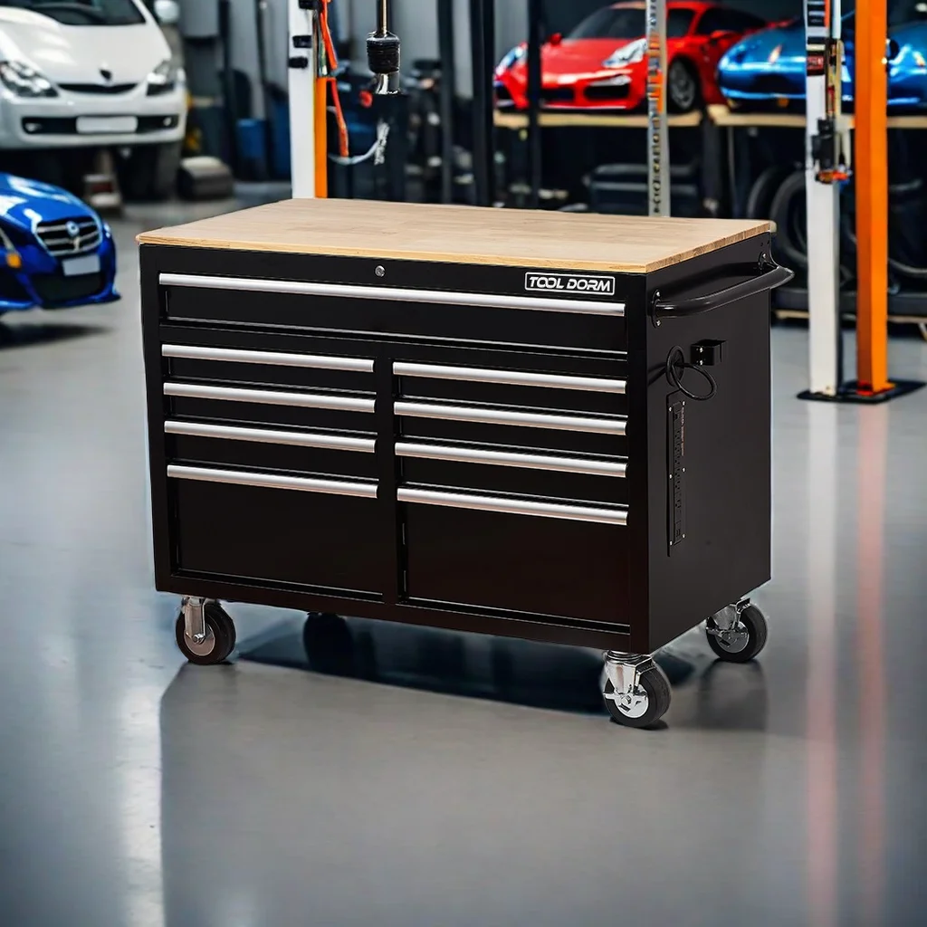 Rolling Tool Chest Extra-Deep 46In 9-Drawers, Mobile Tool Storage Cabinet/Work Bench with Wooden Top/Power Strip, Equipped with Casters, Handle, Liner, and Locking System, 1200 lbs Capacity - Image 4
