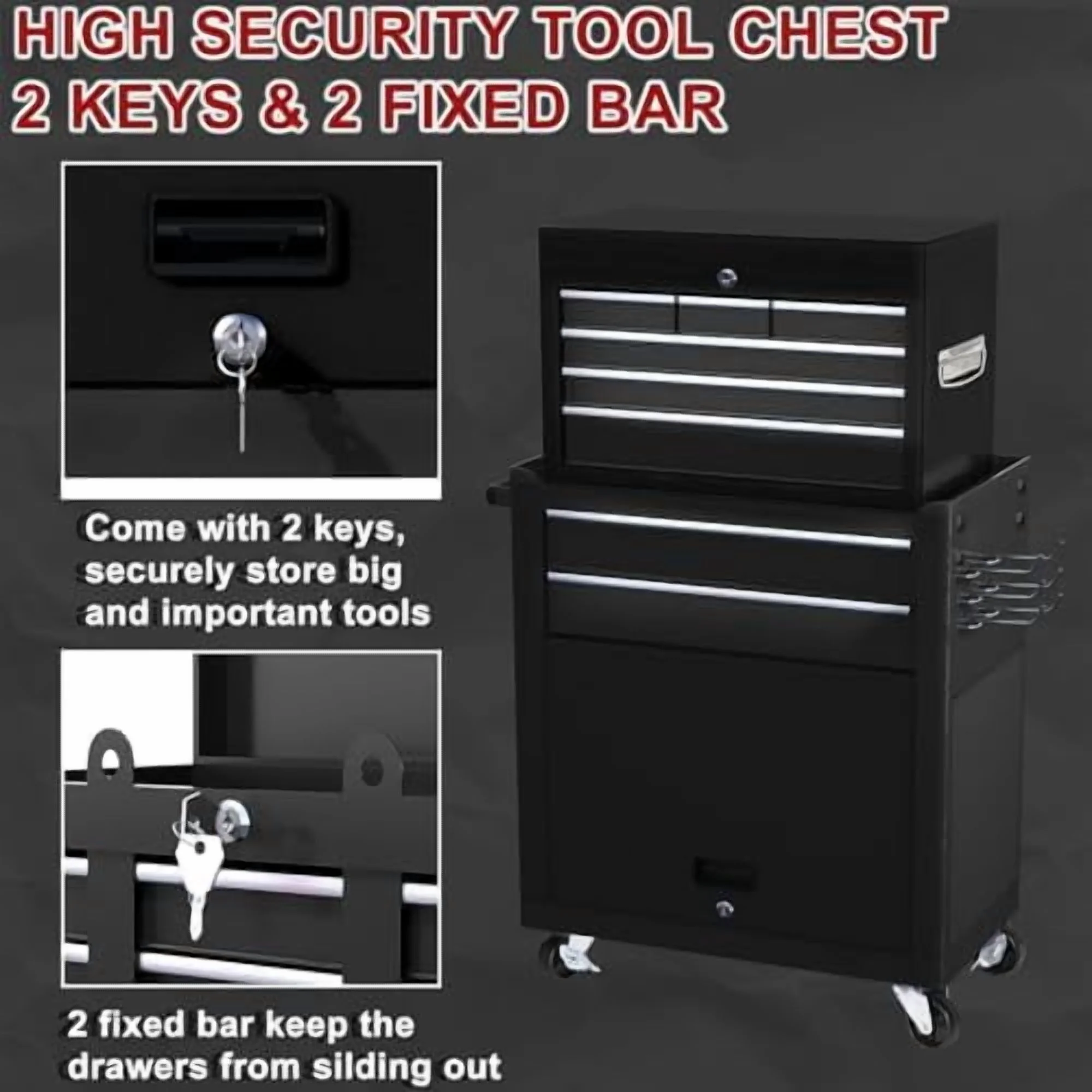 8-Drawer Rolling Tool Chest with Detachable Top Tool Box, Lockable Metal Tool Cabinet, and Liner, Heavy-Duty Storage Organizer with Wheels and 6 Hooks for Garage, Workshop, Green - Image 14