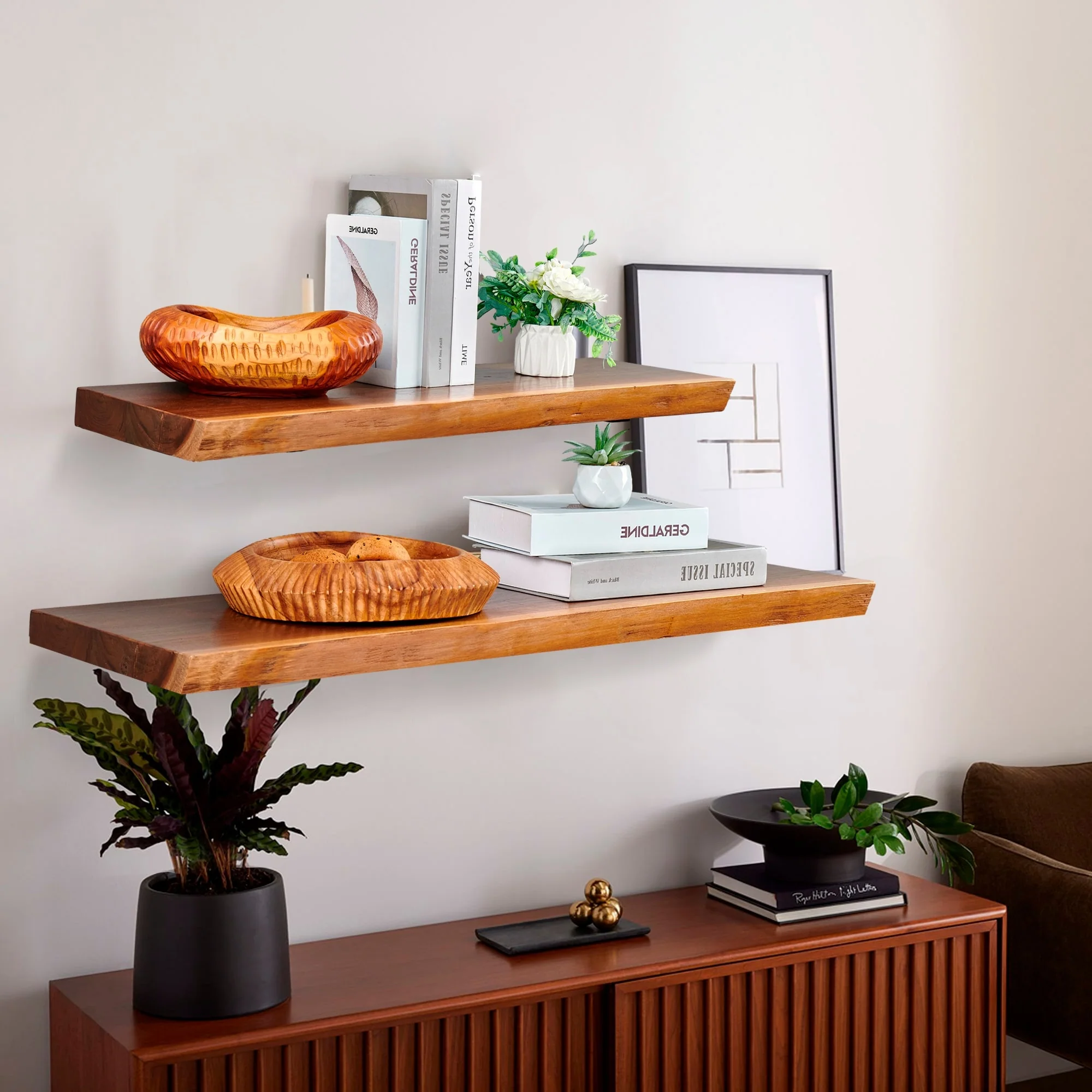 1 Piece Teak Wood Wall Shelf with Live Edge, Rustic Floating Shelf for Home Decor - Image 5