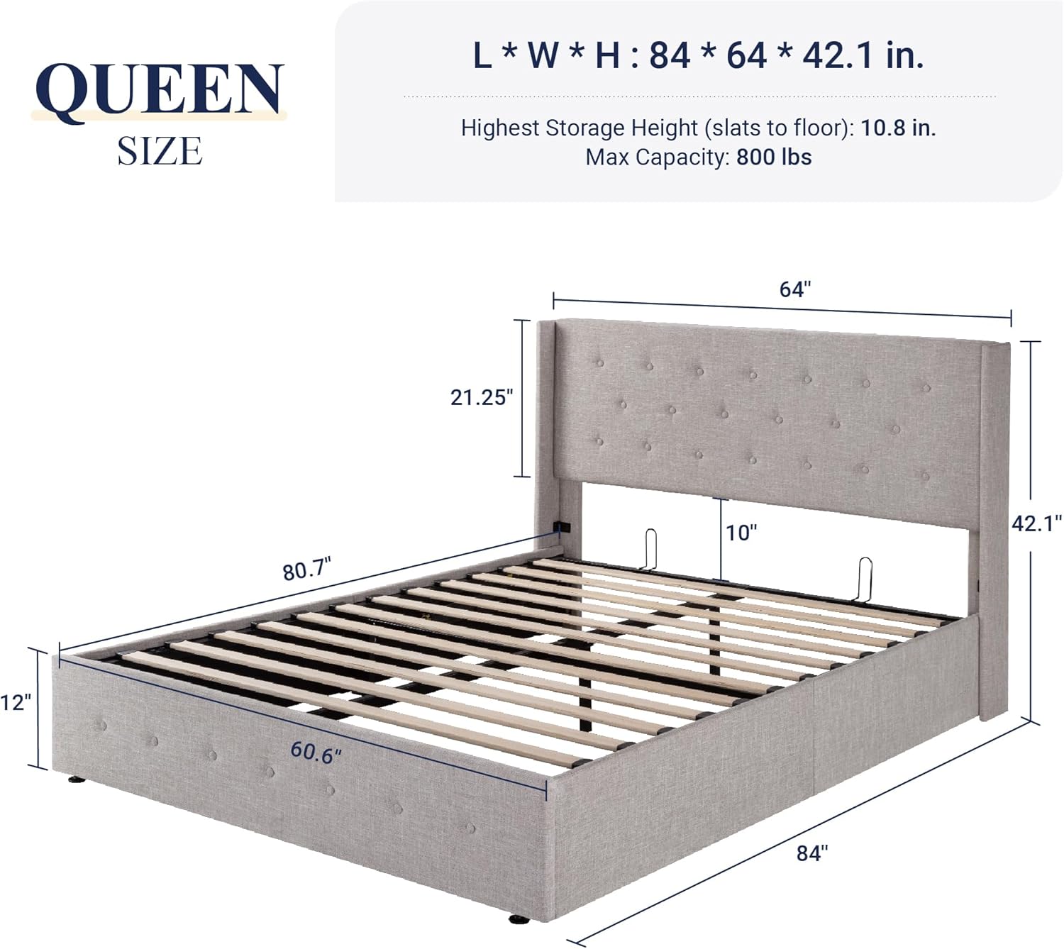 Queen Size Lift Up Storage Bed with Wingback Headboard, Upholstered Platform Bed Frame with Hidden Storage - Image 36