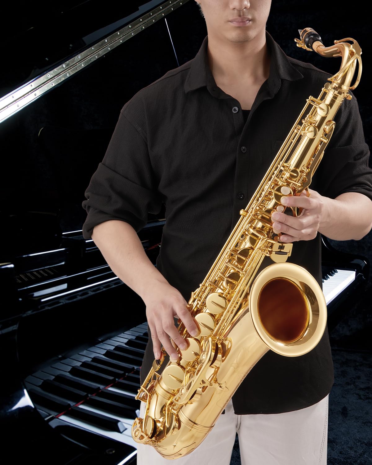 Bb Tenor Saxophone for Student Beginner, Brass Tenor Sax Kit with Hard Case Stand Neck Strap Mouthpiece and Reeds for Band School, STS-130G, Gold - Image 7