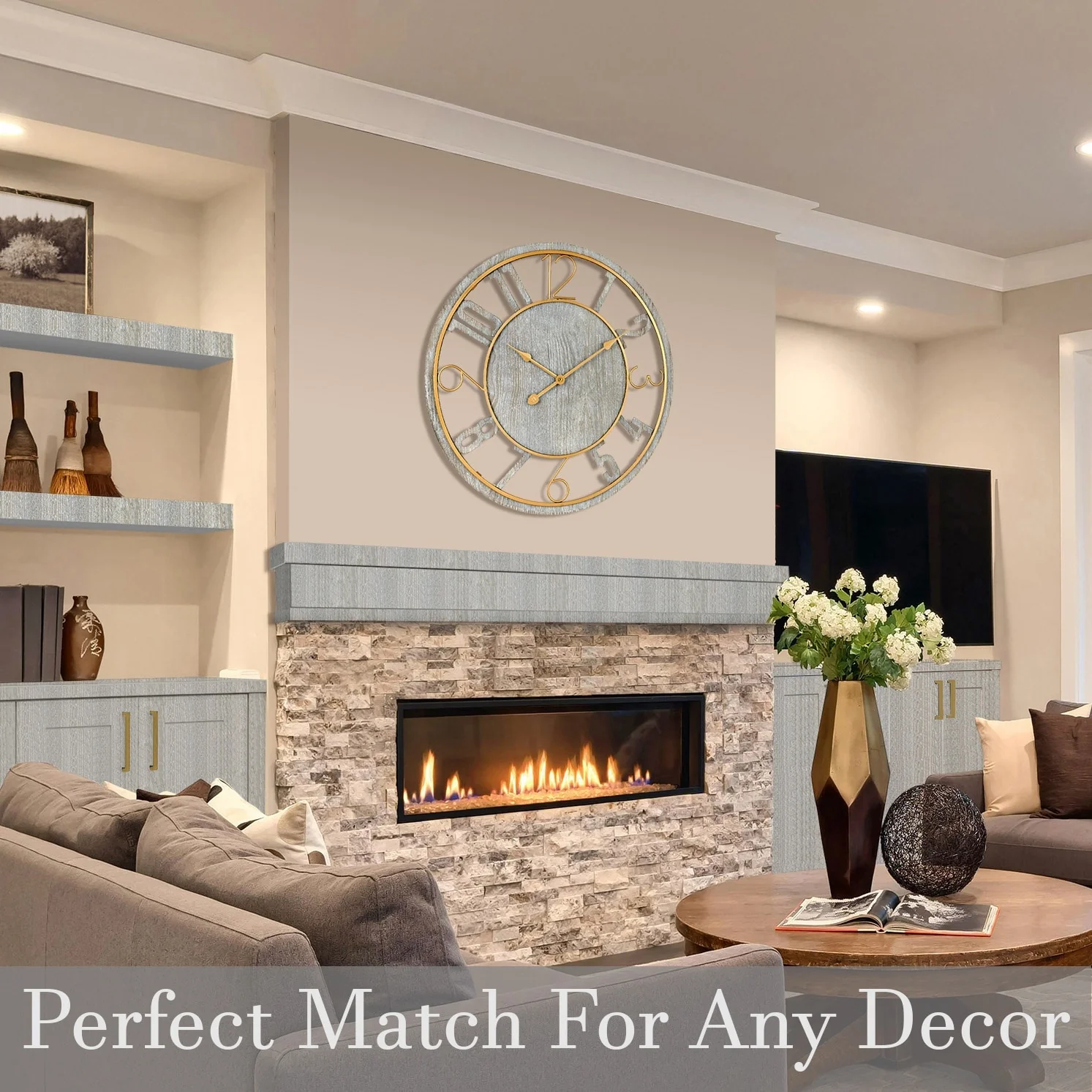 24 Inch Round Wooden Wall Clock, Modern Analog Clock with Numeral Design, Battery Operated - Image 18