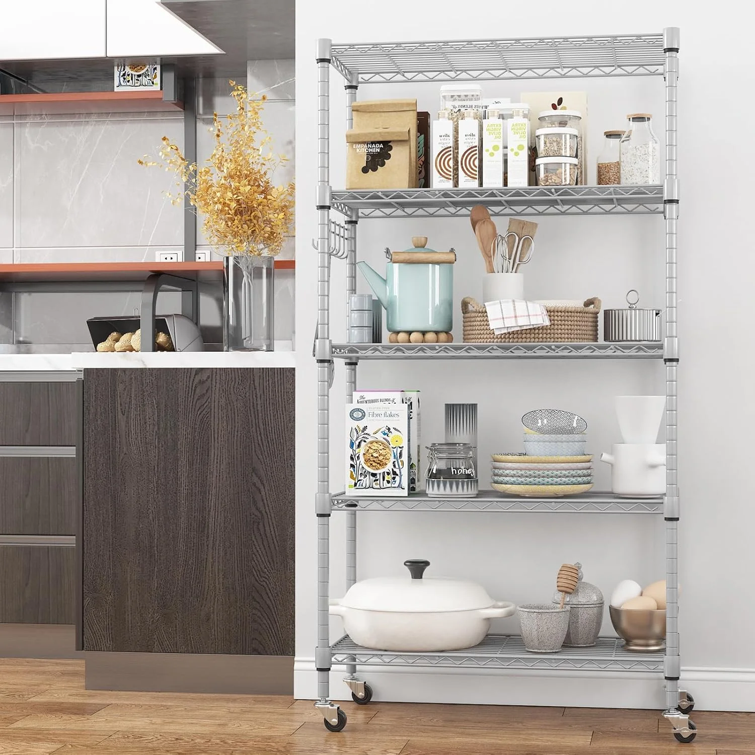 5-Tier Storage Shelf Wire Shelving Unit on Wheels, Adjustable Heavy Duty Metal Shelves with Side Hooks, Steel Rack Organization for Kitchen Garage Basement, Silver - Image 4