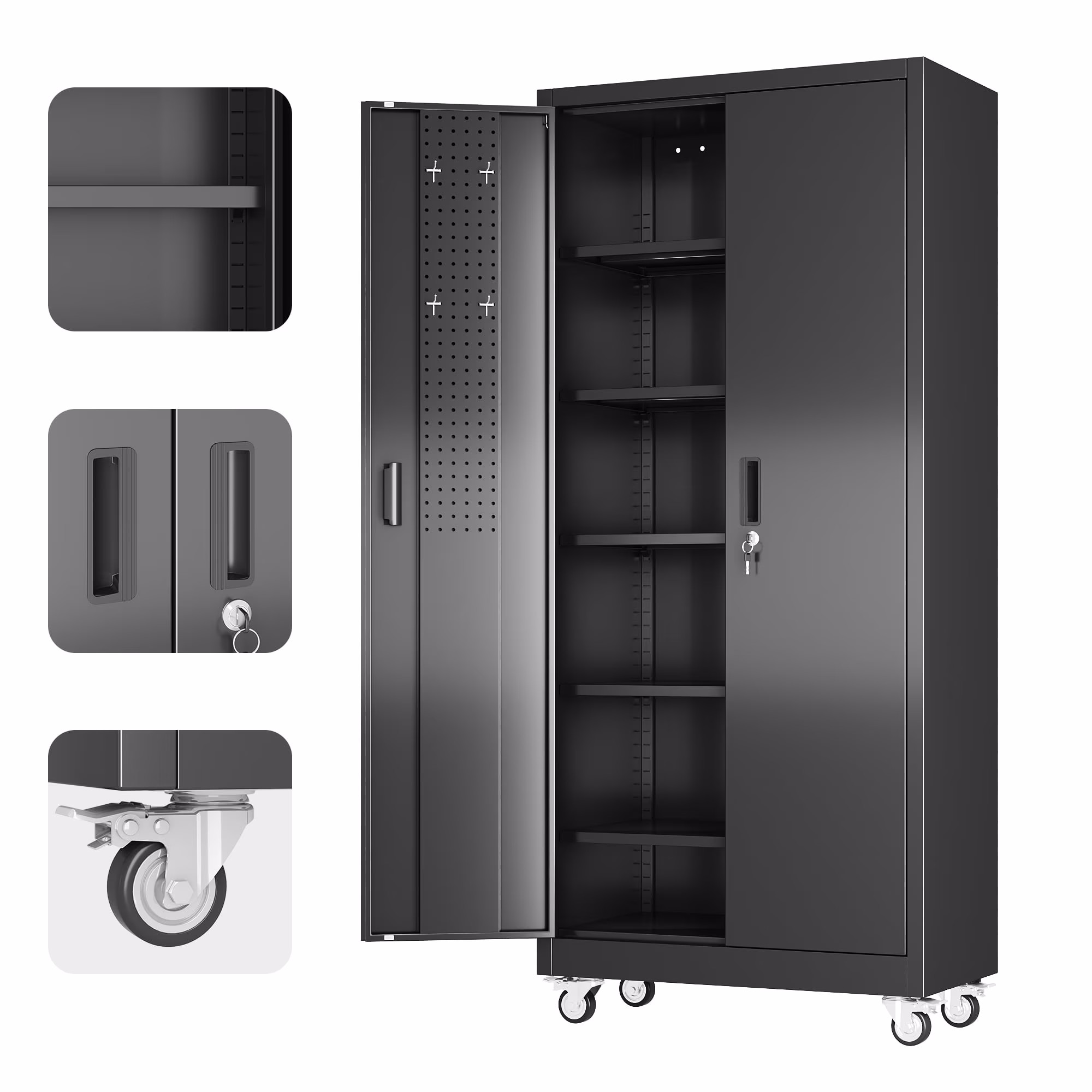 SUPEER Metal Rolling Storage Cabinets with Locking Doors and 5 Adjustable Shelves, Steel Garage Storage Cabinet for Garage, Office, Classroom, Assemble Required(Black)