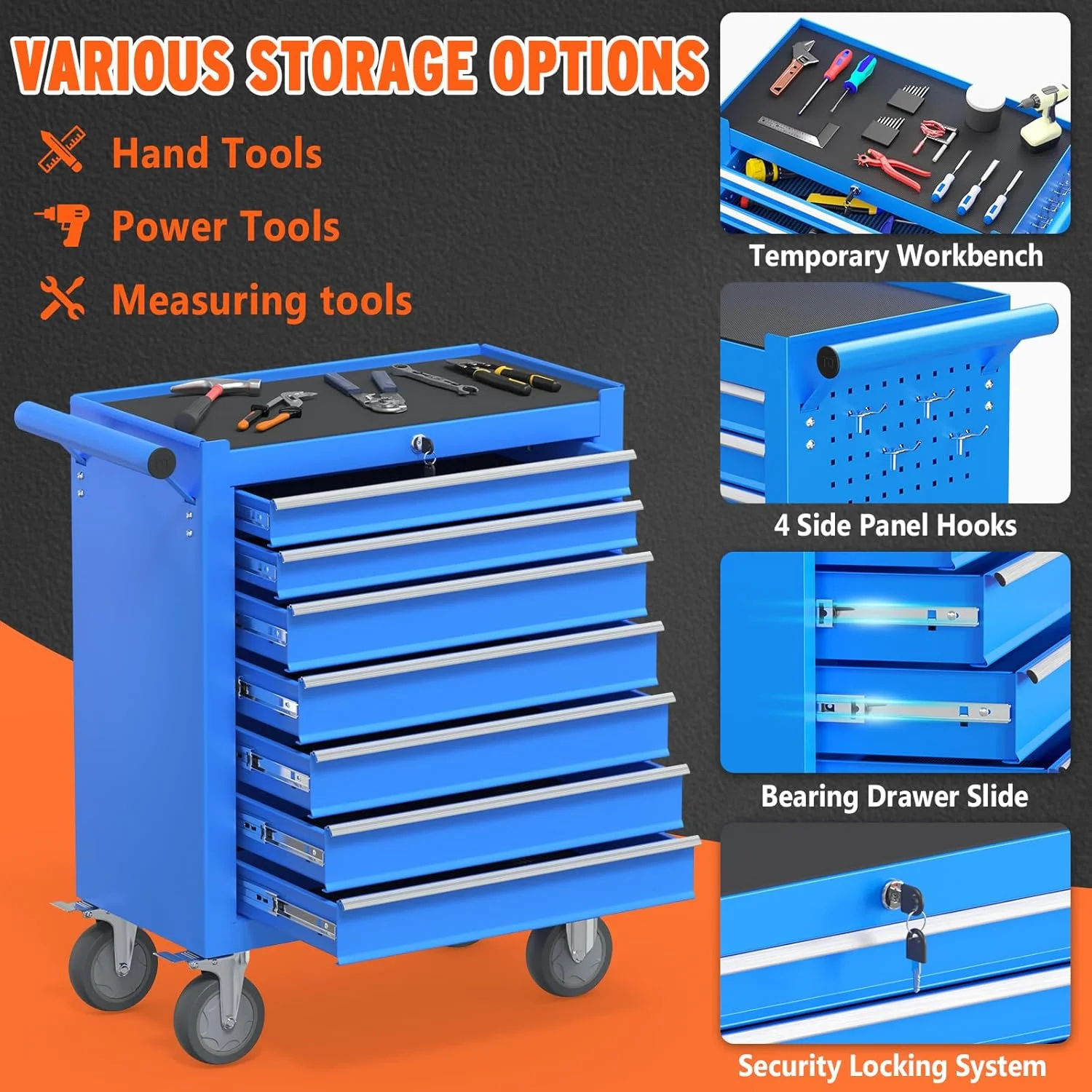 7 Drawers Large Capacity Rolling Tool Chest, Metal Tool Box with Wheels and Drawers, Tool Storage Cabinet with Keyed Locking, Tool Organizer Box for Garage, Workshop, Warehouse (Blue) - Image 4