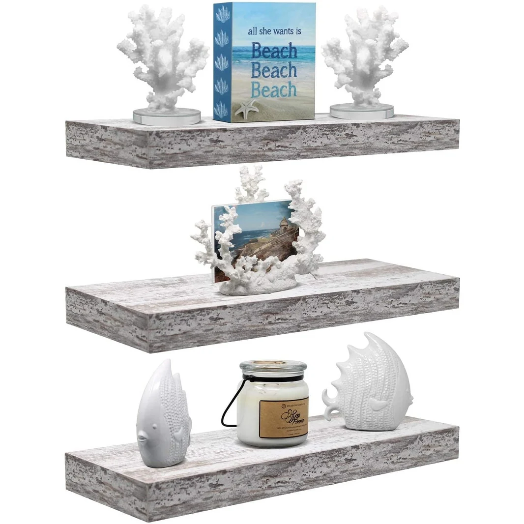 3-Pack Rustic Wood Floating Wall Shelves, Beach Style Hanging Display and Storage Shelves - Image 9