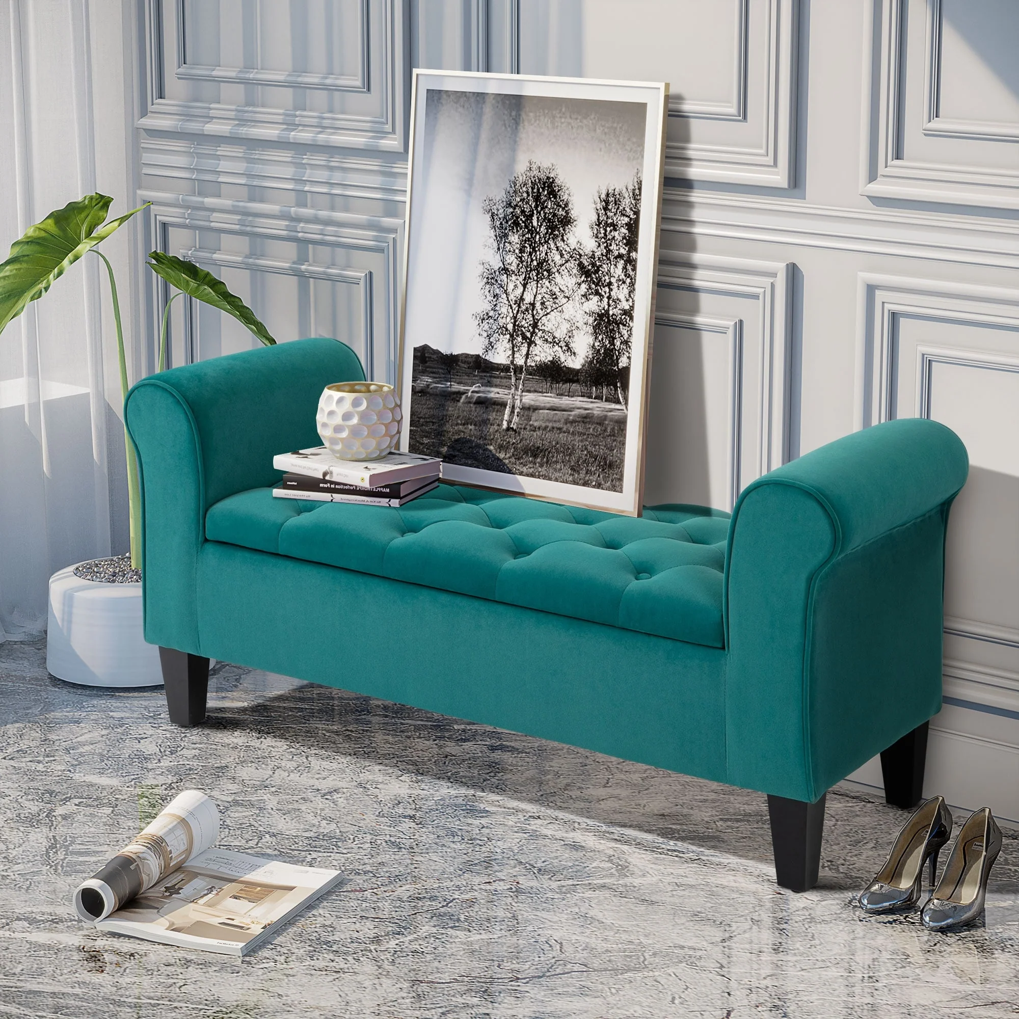 Button-Tufted Storage Ottoman Bench, Upholstered Bed Bench with Rolled Armrests for Bedroom, Living Room and Hallway - Image 6