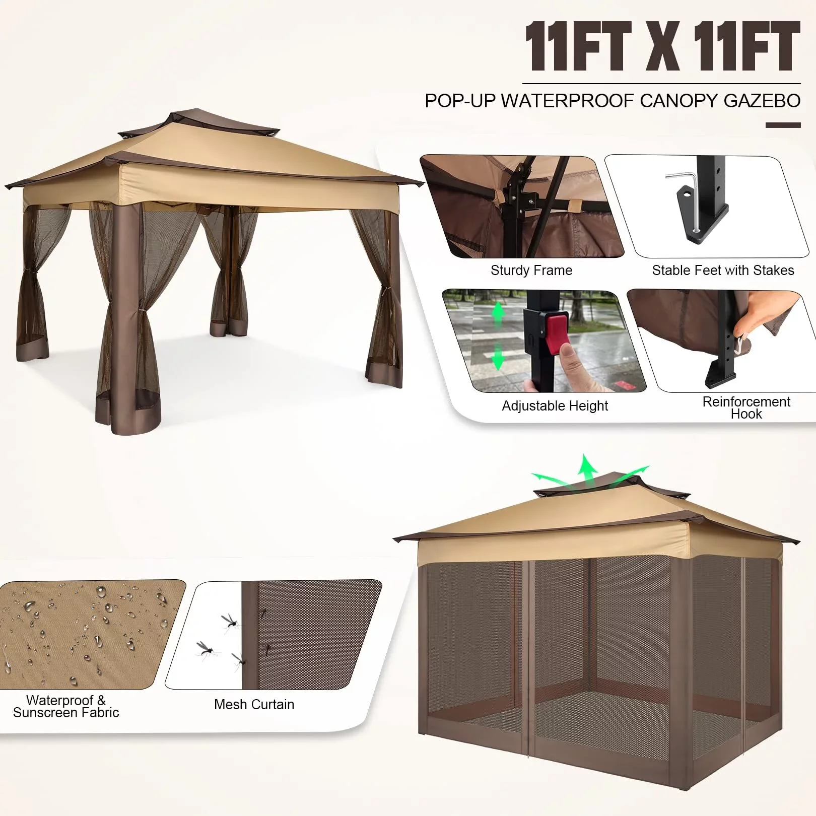 COBIZI 11x11 Pop up Gazebo Outdoor Canopy Gazebo Patio Gazebo with Mosquito Netting Canopy Shelter with 121 Square feet of Shade for Poolside, Garden, Party and Backyard, Khaki - Image 40