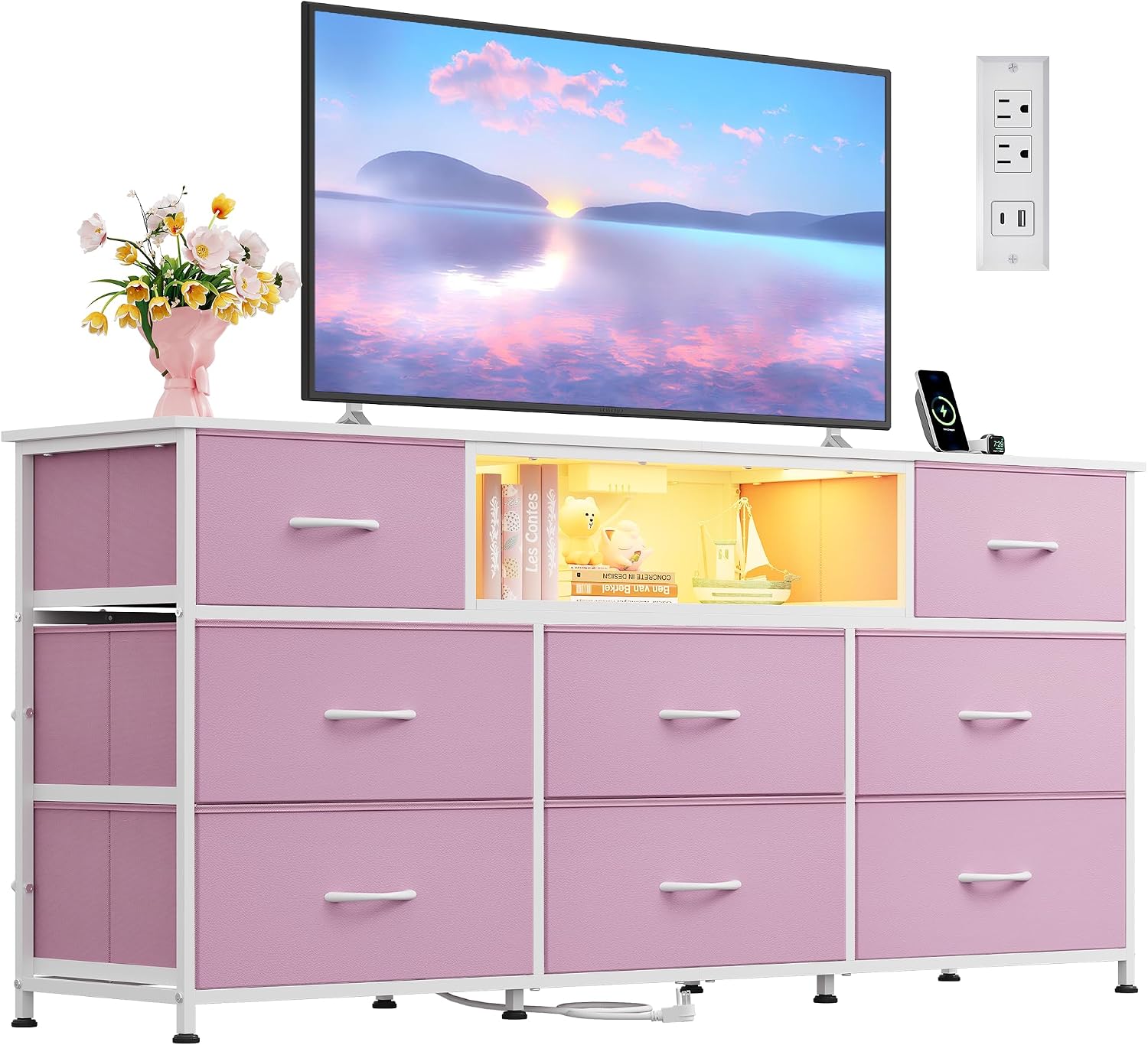 LED Dresser TV Stand for 65 Inch TV, 8 Drawers, Black