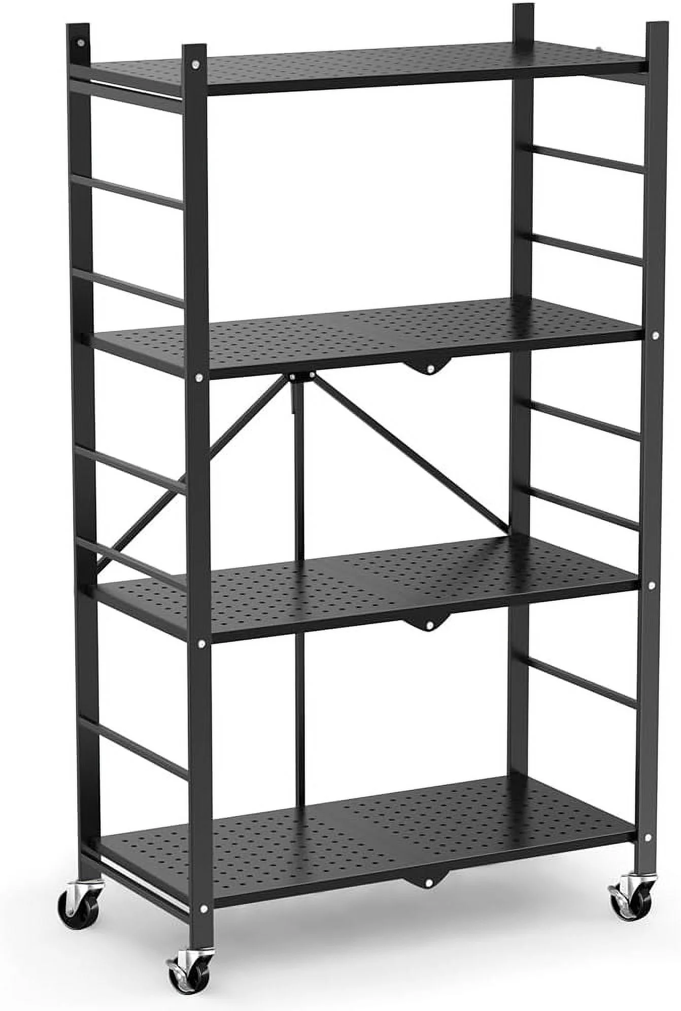 Storage Shelves with 20 Hooks, 4-Tier Foldable Shelves for Storage, Folding Shelf Unit Pantry Shelves with Wheels, Metal Shelving Storage Rack Shelf for Kitchen Garage Home, Black - No Assembly - Image 12